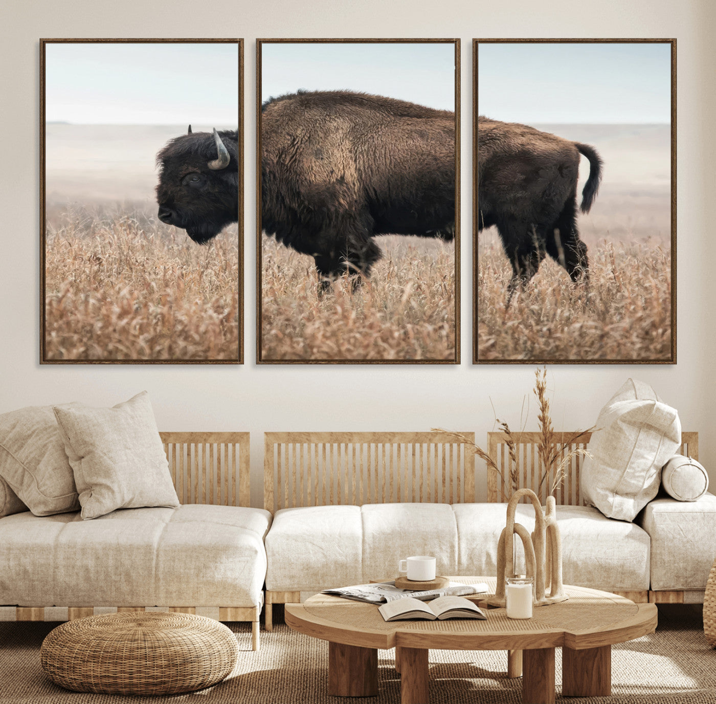 A lone bison stands in a vast prairie under a soft sky, evoking freedom and rustic charm for western or farmhouse inspired interiors.