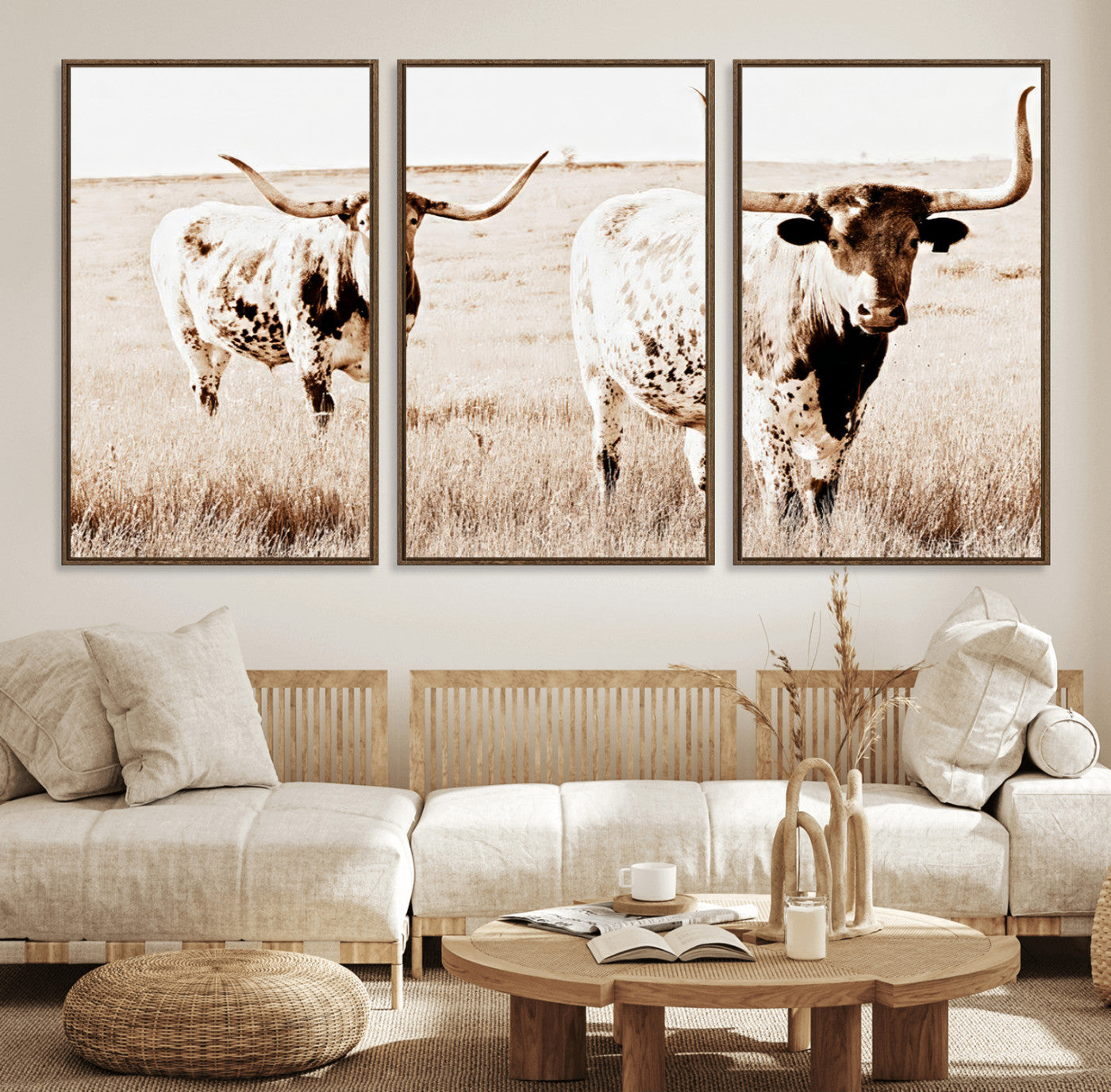 Two Texas longhorn cows standing in a sepia-toned pasture, evoking rustic charm perfect for farmhouse or western country interiors. (