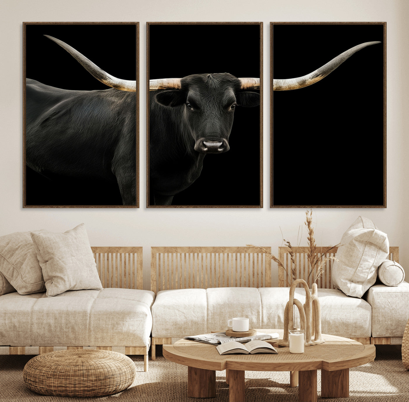 Close-up of a black Texas longhorn with large curved horns on black background, ideal for rustic farmhouse or modern western interiors.