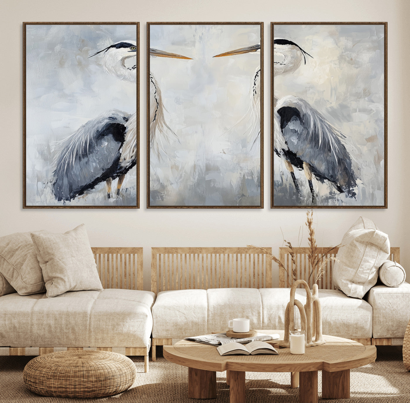 Two herons facing each other on a soft-toned background with blue-grey feathers, perfect for tranquil, coastal or nature-themed interiors.