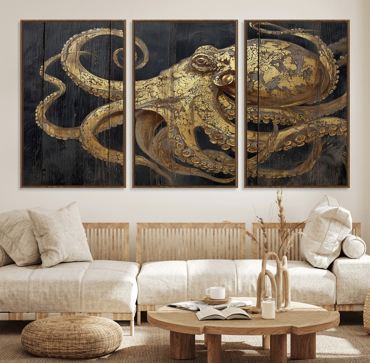 A detailed gold illustration of an octopus on black wooden planks, showing its intricate tentacles and textured skin in an artistic style.