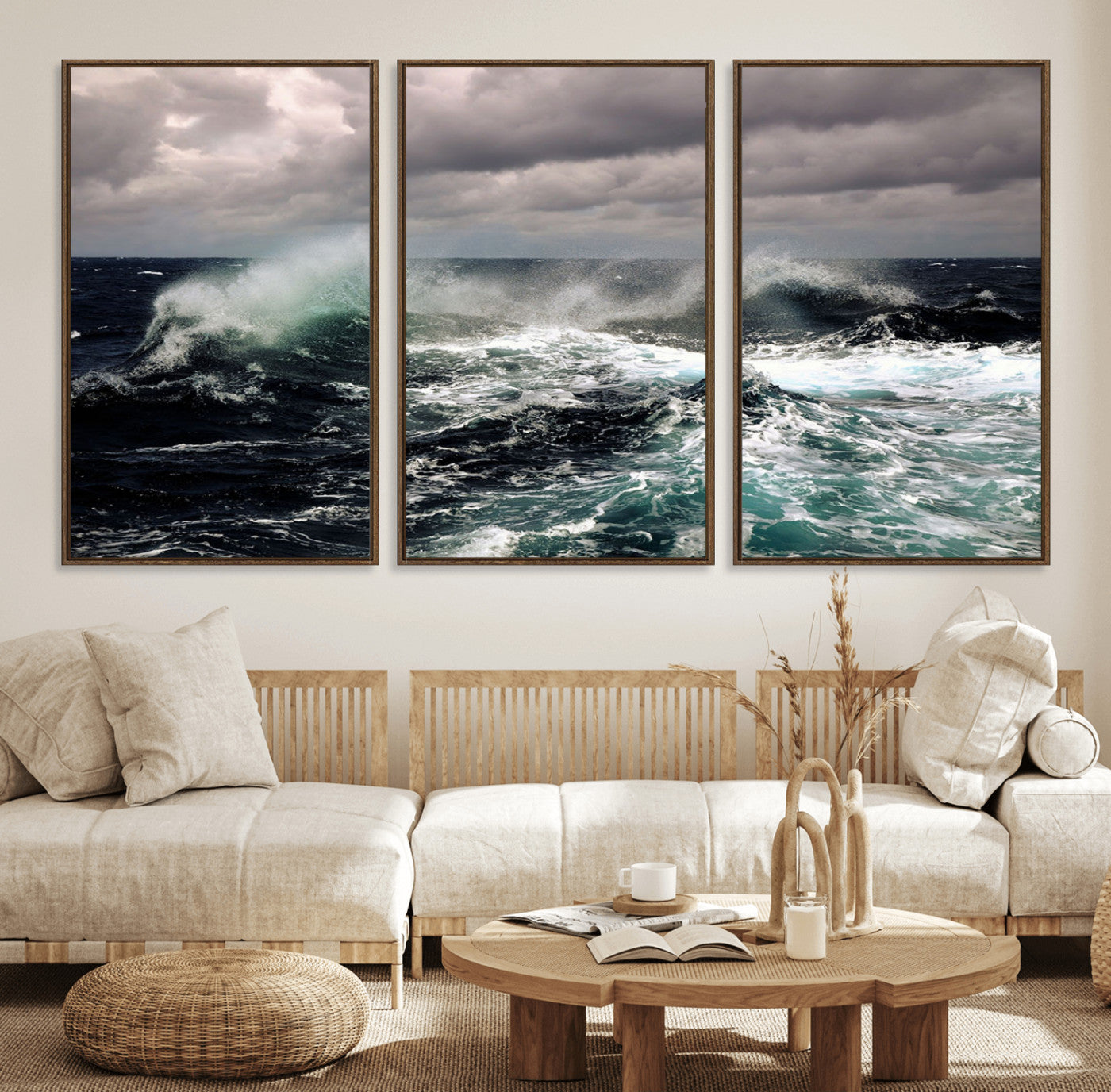Powerful ocean waves crashing under stormy skies, creating a dynamic and intense seascape.