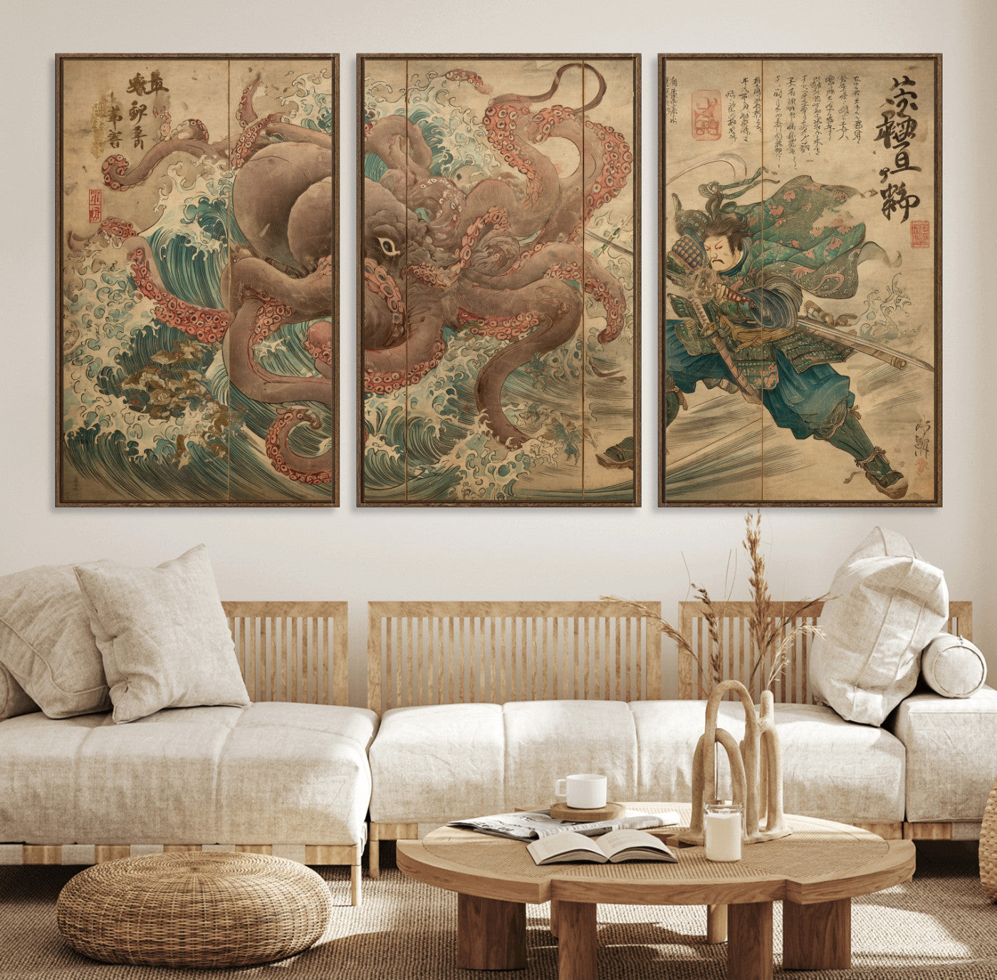 Tsukioka Yoshitoshi Samurai Wall Art Print, Japanese Katana Warrior Canvas Wall Art, Octopus Sea Monster Canvas Print,