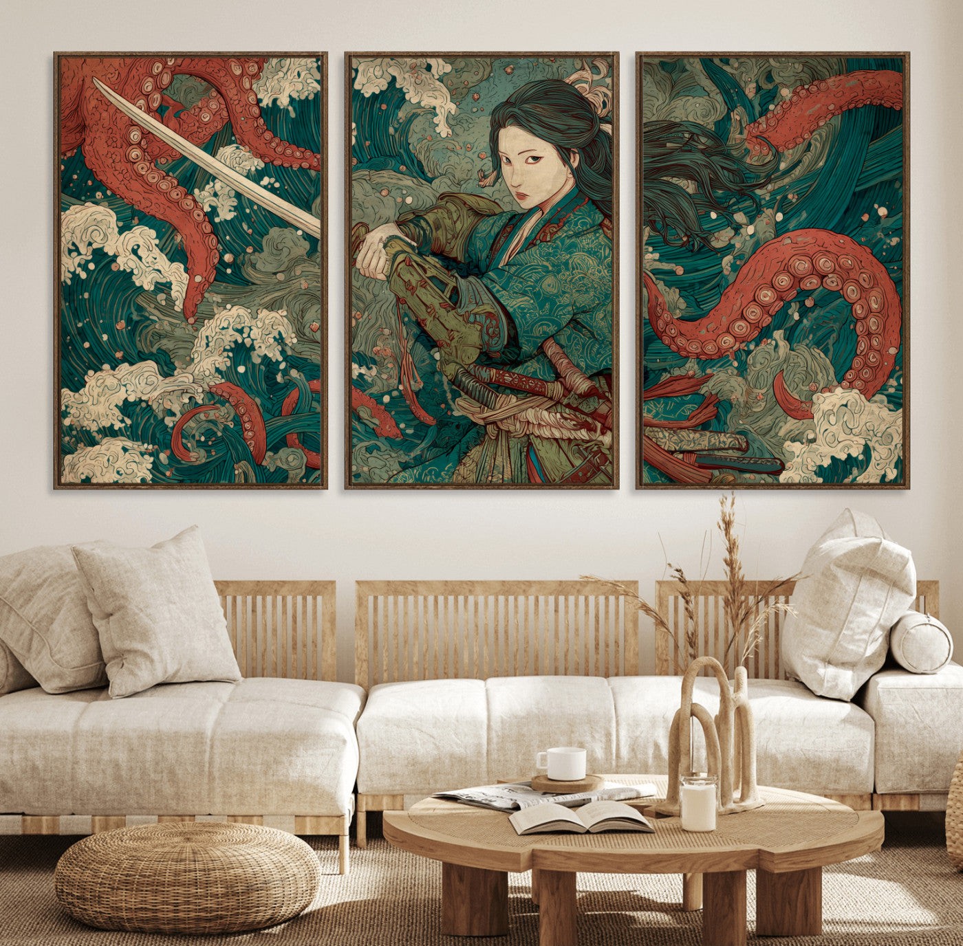 Tsukioka Yoshitoshi Samurai Wall Art Print, Japanese Katana Warrior Canvas Wall Art, Octopus Sea Monster Canvas Print,
