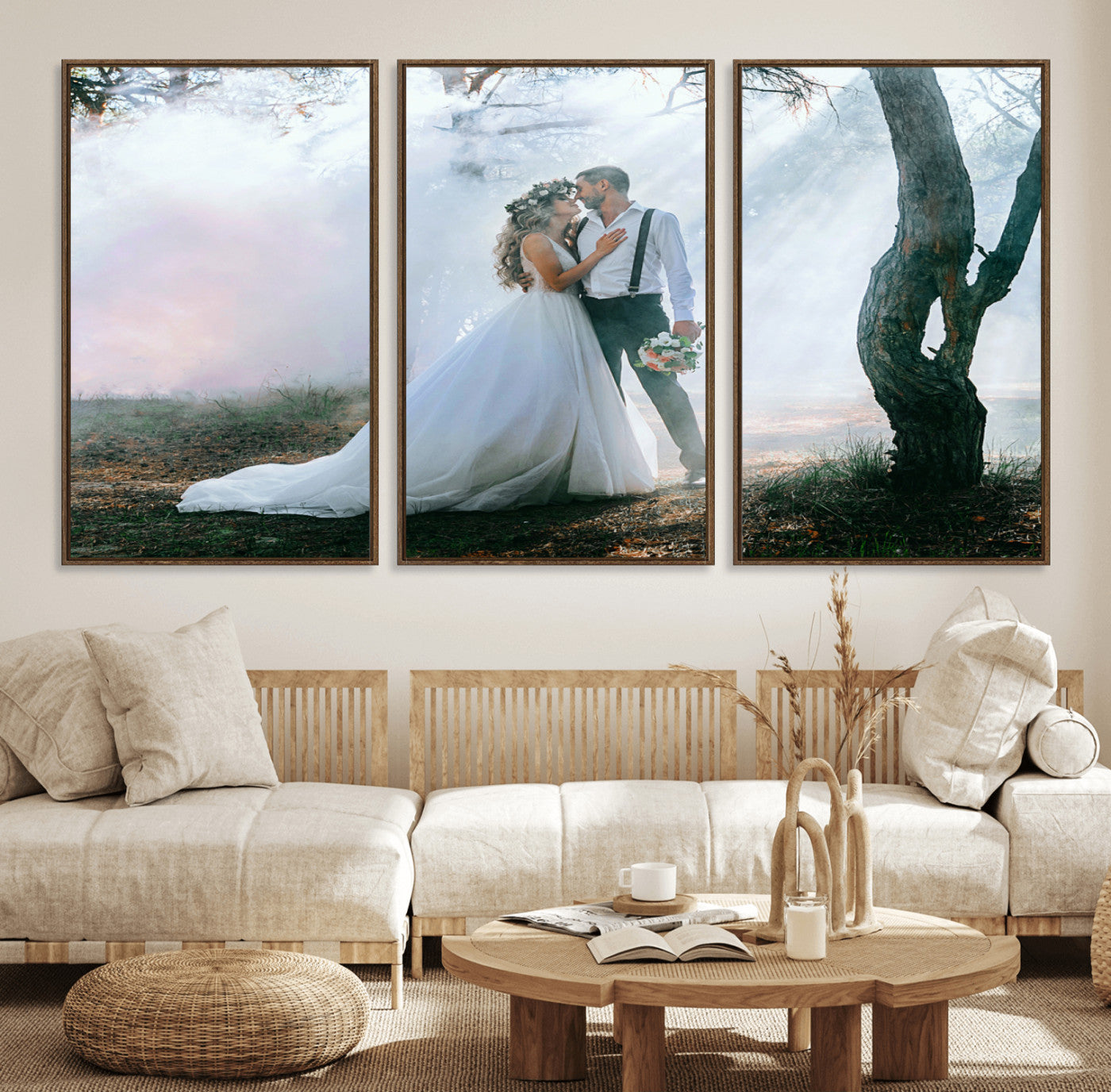 MGV-FC-60X30-3P - Forest Wedding Wall Art – Romantic Bride and Groom Canvas Print, Enchanted Woodland Photography Decor for Bedroom, Living Room, or Wedding Gift