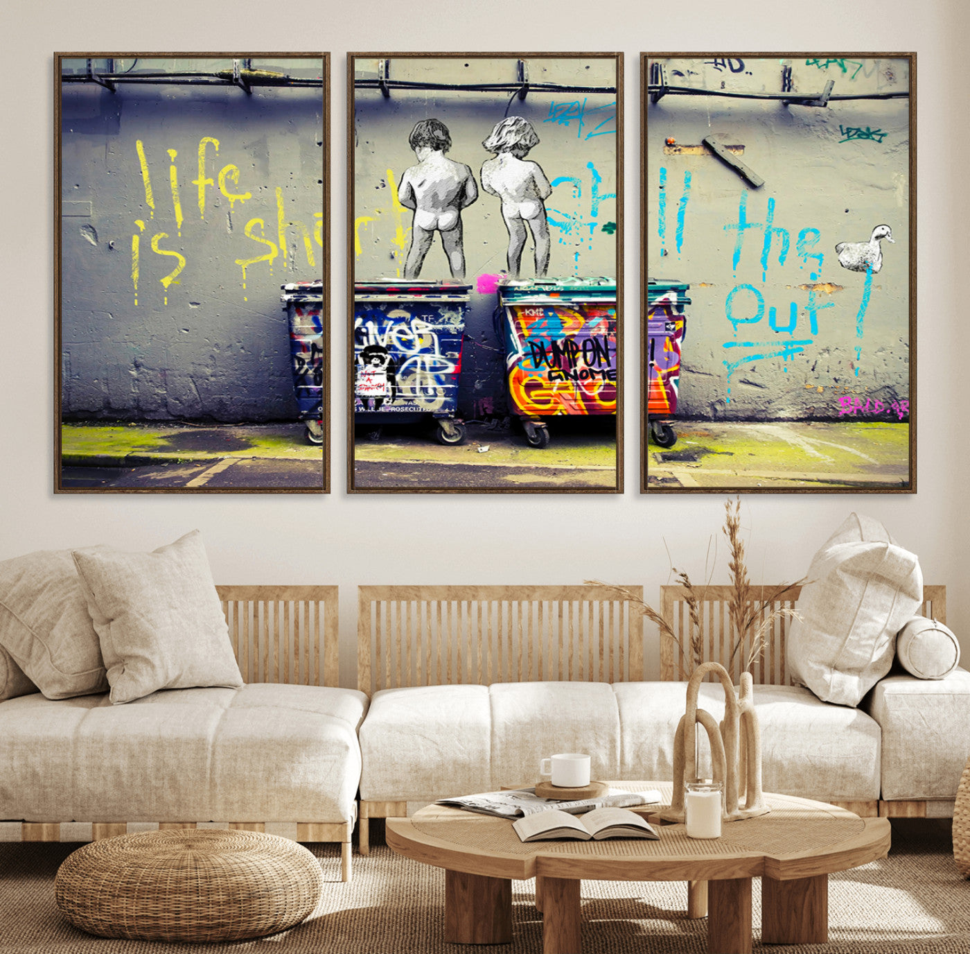 Graffiti-style canvas art with bold text and two naked figures over urban dumpsters, ideal for edgy or street-style decor.
