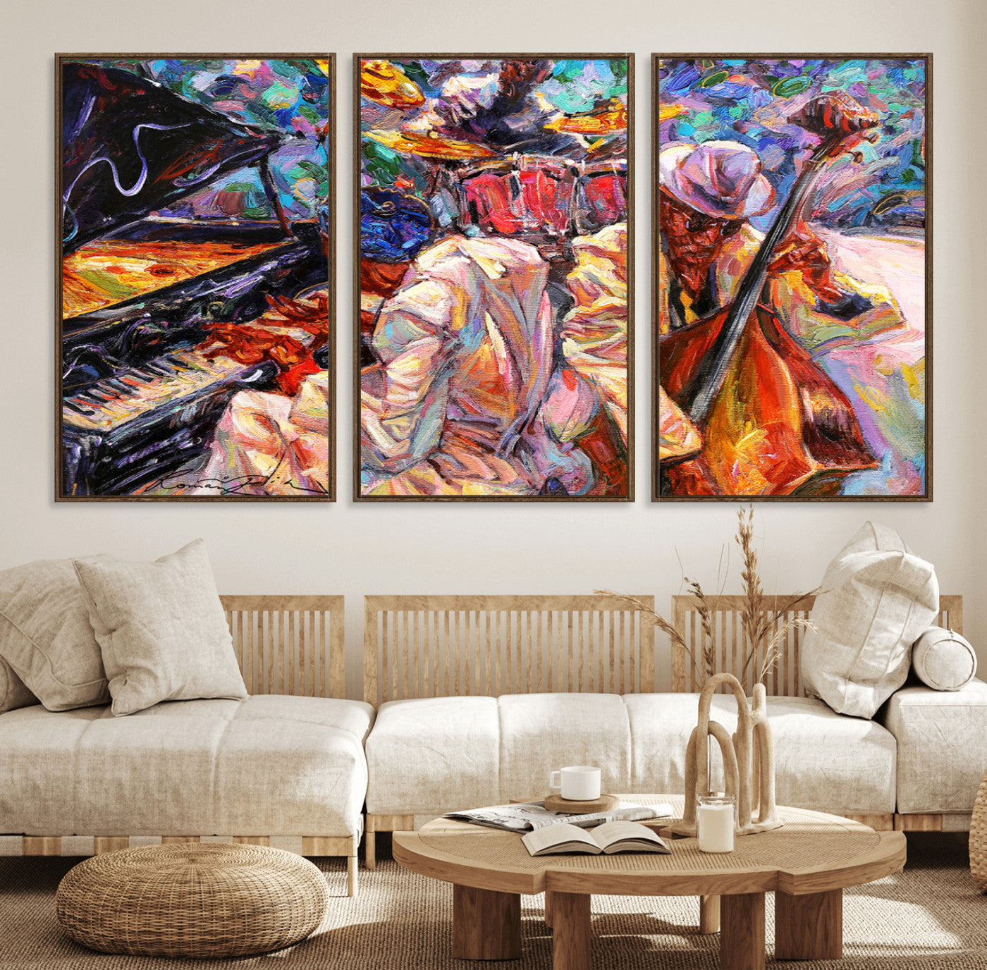 Vibrant oil painting of a jazz band with piano, saxophone, and bass, ideal for colorful and expressive music-themed home decor.