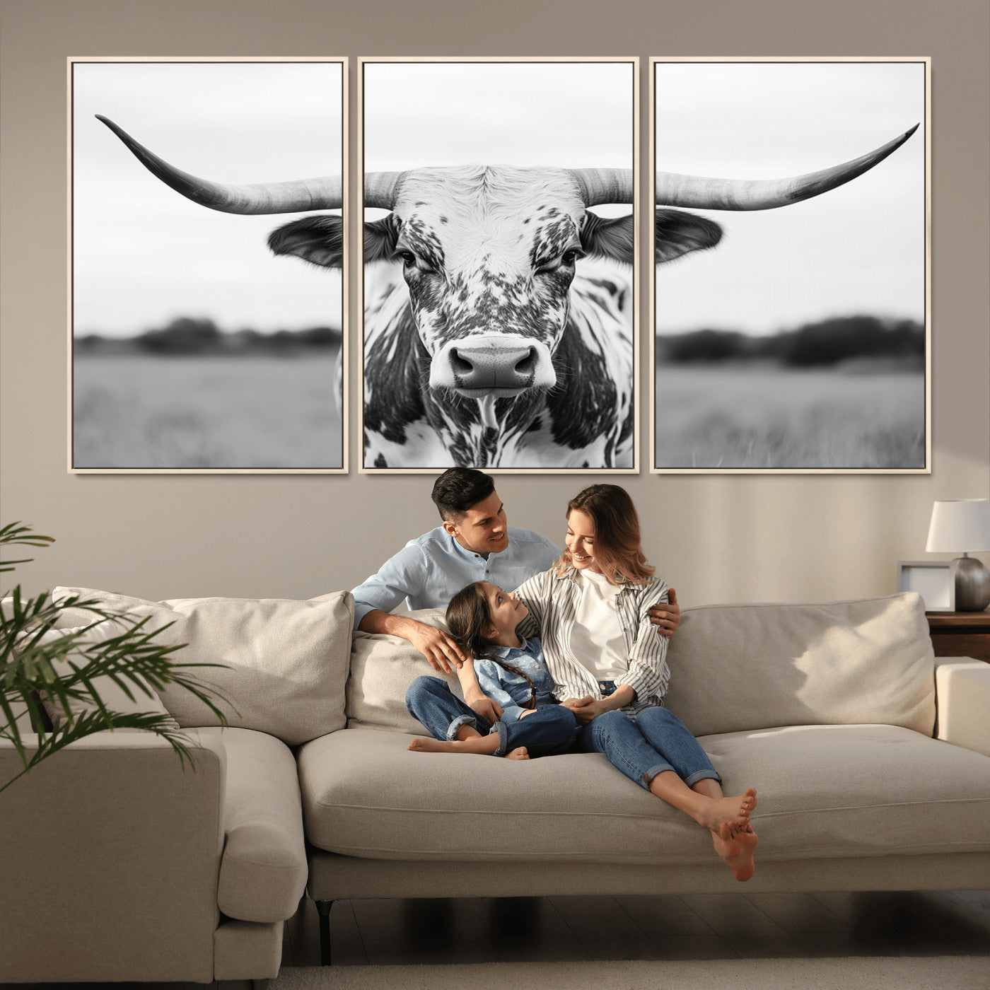 Capture the strength and elegance of nature with this striking black and white portrait of a longhorn cow. Its powerful presence makes a bold statement in any room.
