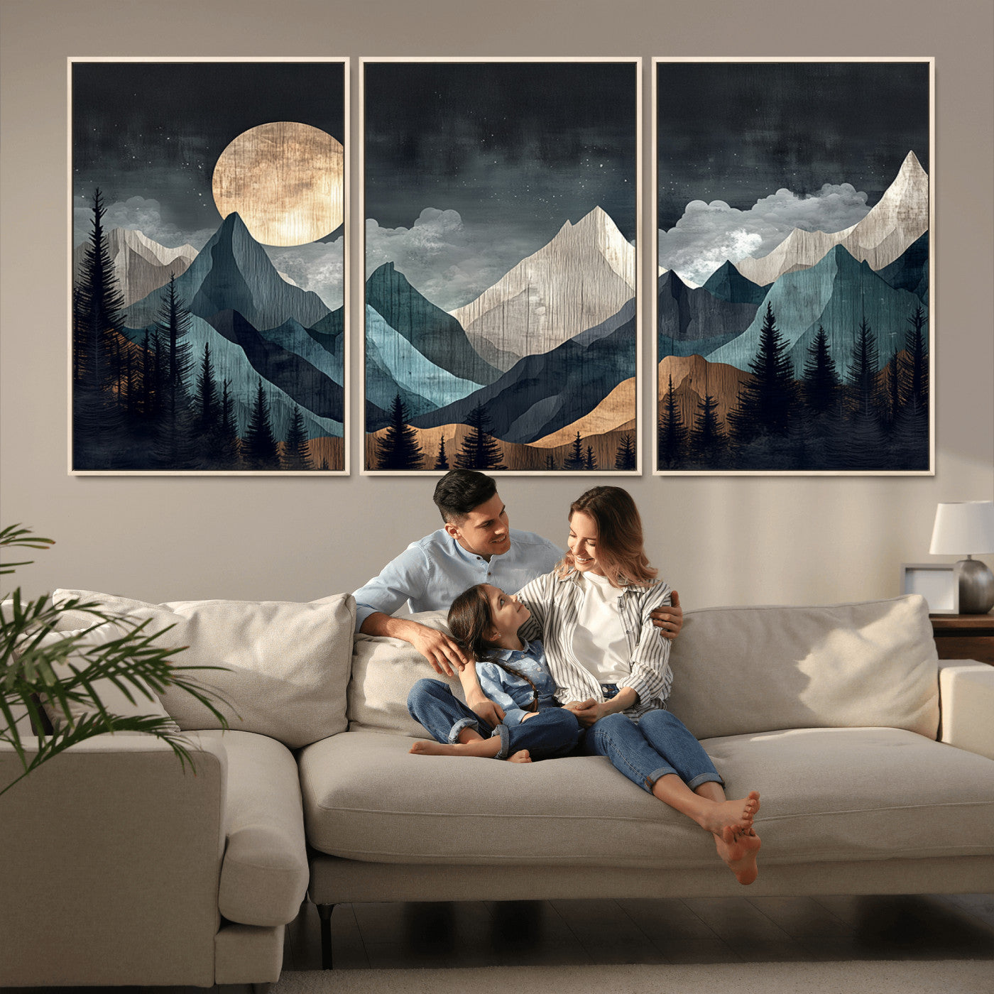 Stylized canvas of layered mountains under a full moon in neutral moody tones, ideal for nature-inspired or modern rustic interiors.
