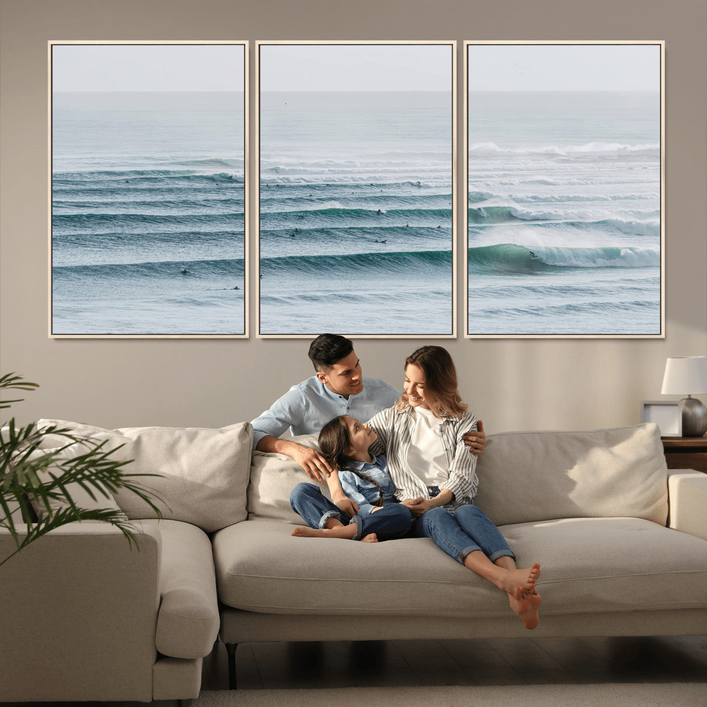 High-angle view of surfers lining up across layered ocean waves, ideal for minimal coastal or surf-inspired room decor.