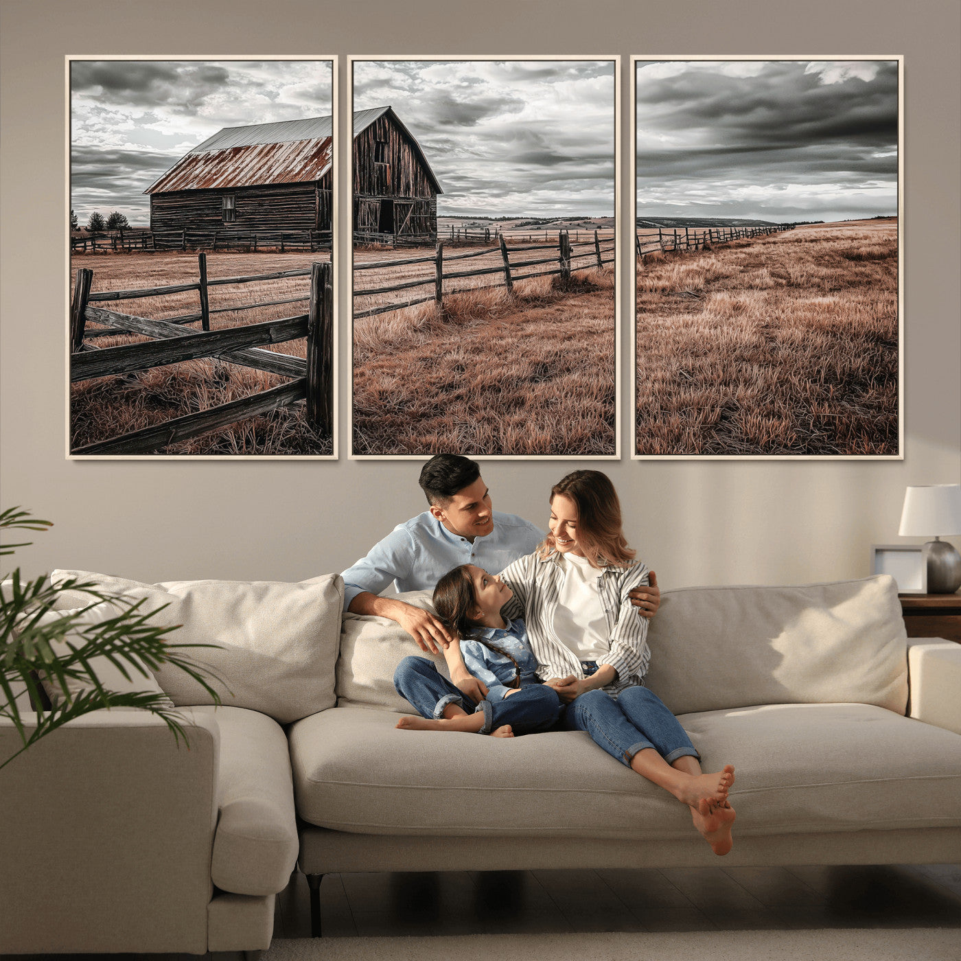 Framed canvas of a rustic barn under a moody sky with weathered fence and dark fields, ideal for farmhouse or rural-style wall decor.