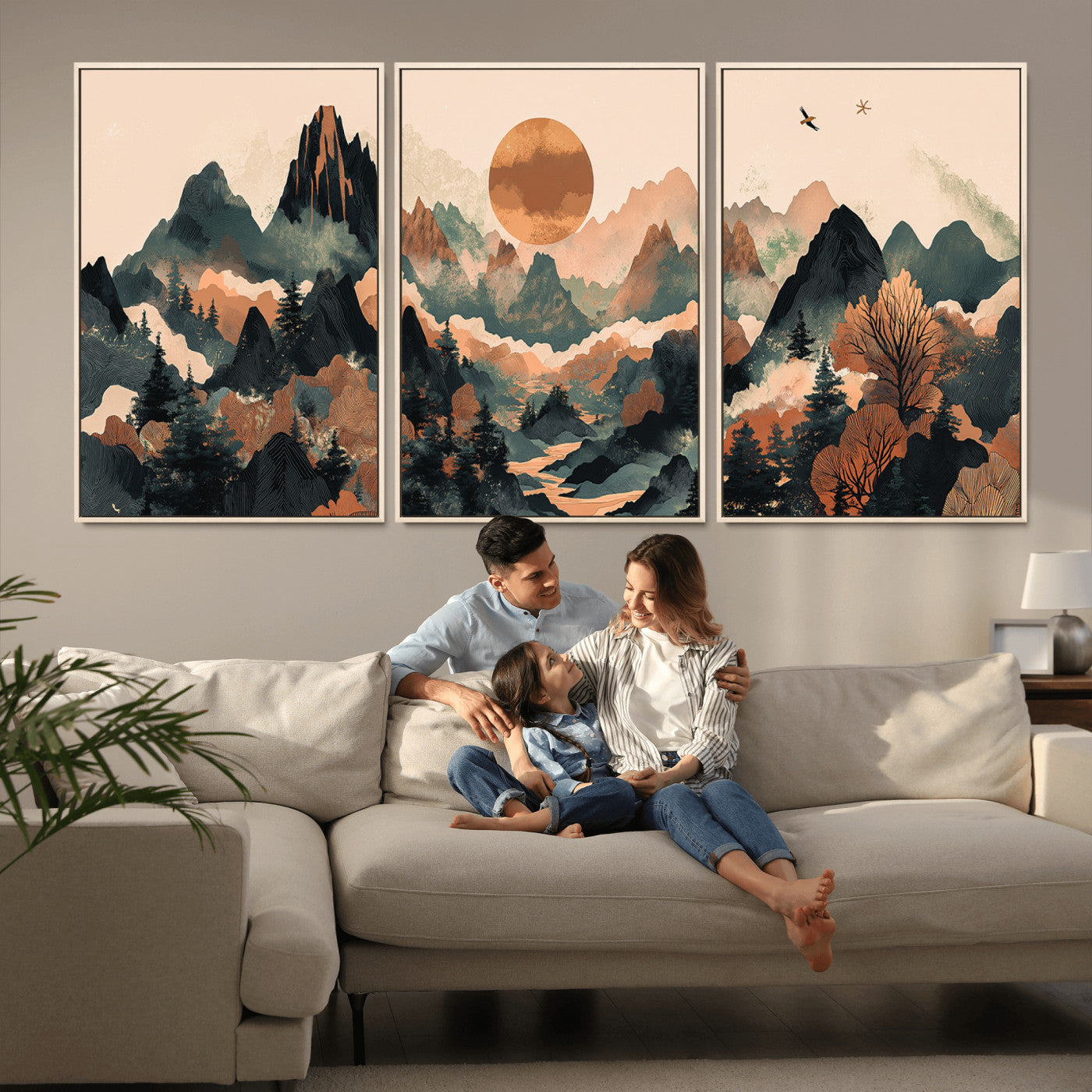 Mountain Landscape Wall Art Print - Sunset Hills Canvas Print, featuring an abstract nature scene with earthy tones and misty peaks, perfect for boho and modern decor.
