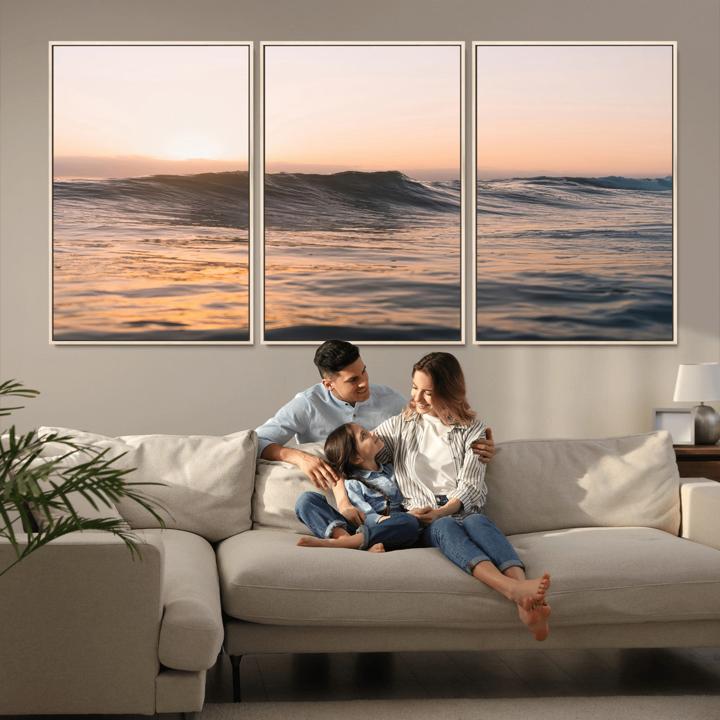 Framed canvas of ocean waves glowing in sunset light, ideal for golden hour calm or peaceful coastal-inspired wall decor.