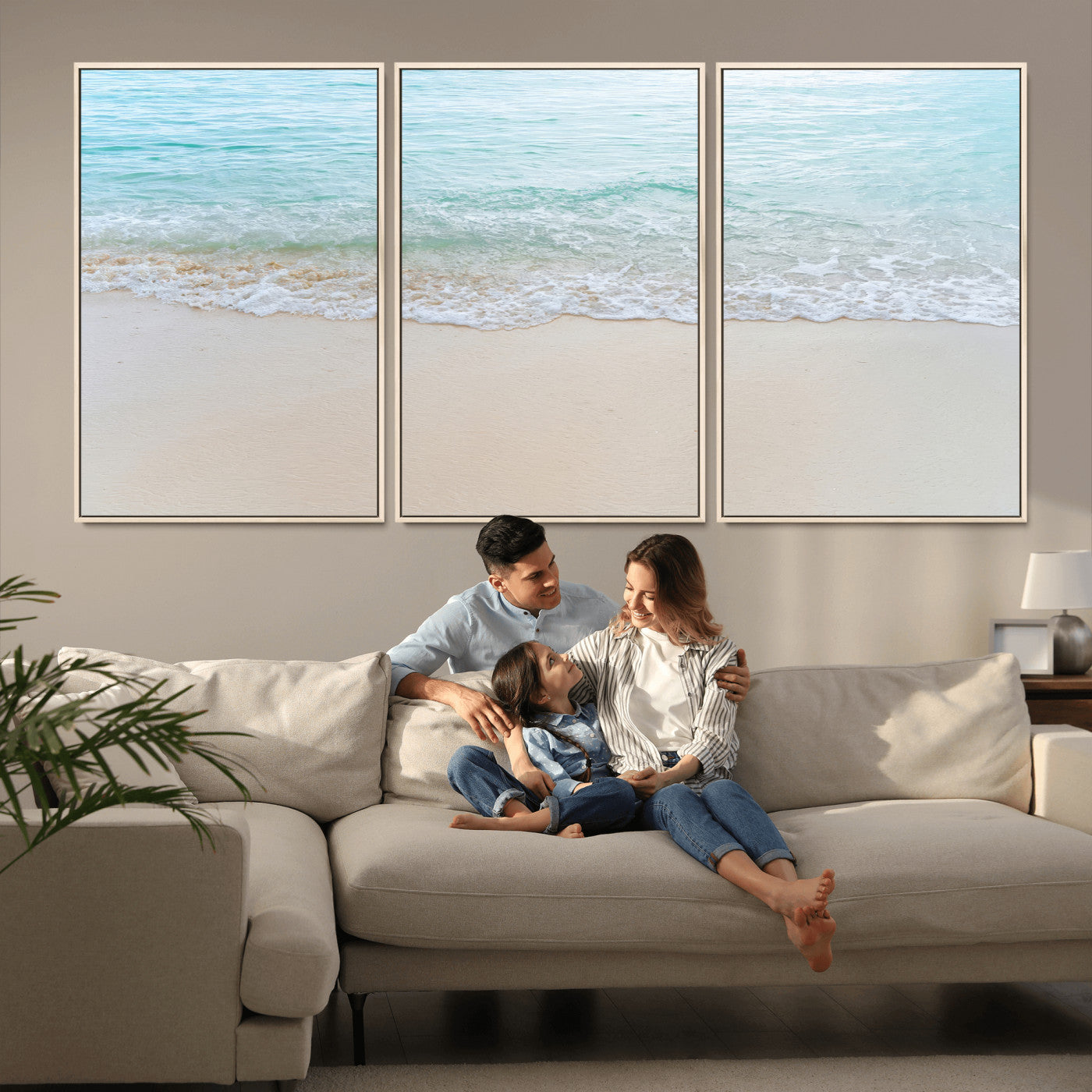 Soft shoreline with gentle aqua waves on smooth sand, ideal for minimalist coastal or pastel ocean-inspired home wall decor.