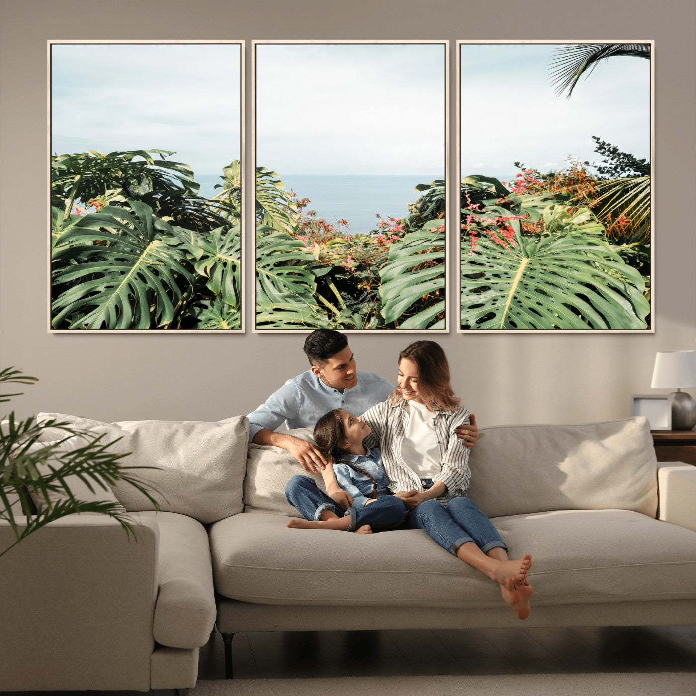 Monstera leaves and tropical flowers framing a calm ocean view, ideal for tropical coastal or exotic jungle-style interior wall decor.