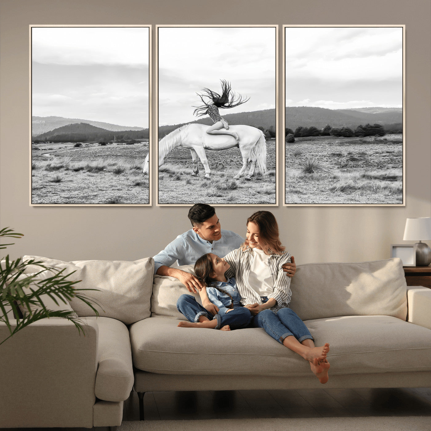 Black and white photo of a woman on a white horse in moody tones, ideal for Western Boho or modern rustic-style home decor.