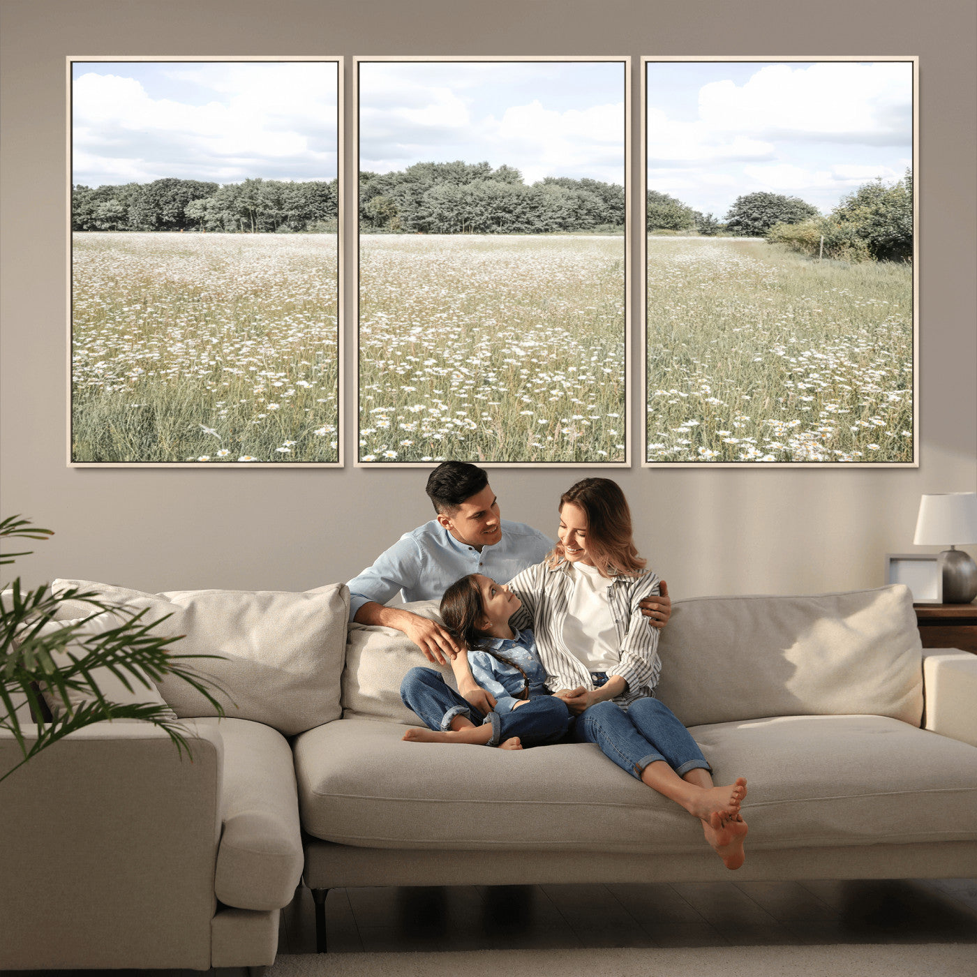 Soft-toned image of a wild daisy field under a cloudy sky, ideal for neutral or Scandinavian-inspired home decor.