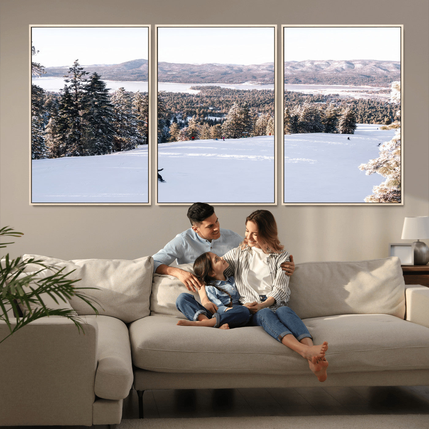 Canvas of a snowy mountain ski slope with pine trees and bright winter light, ideal for modern rustic or alpine-inspired home decor.