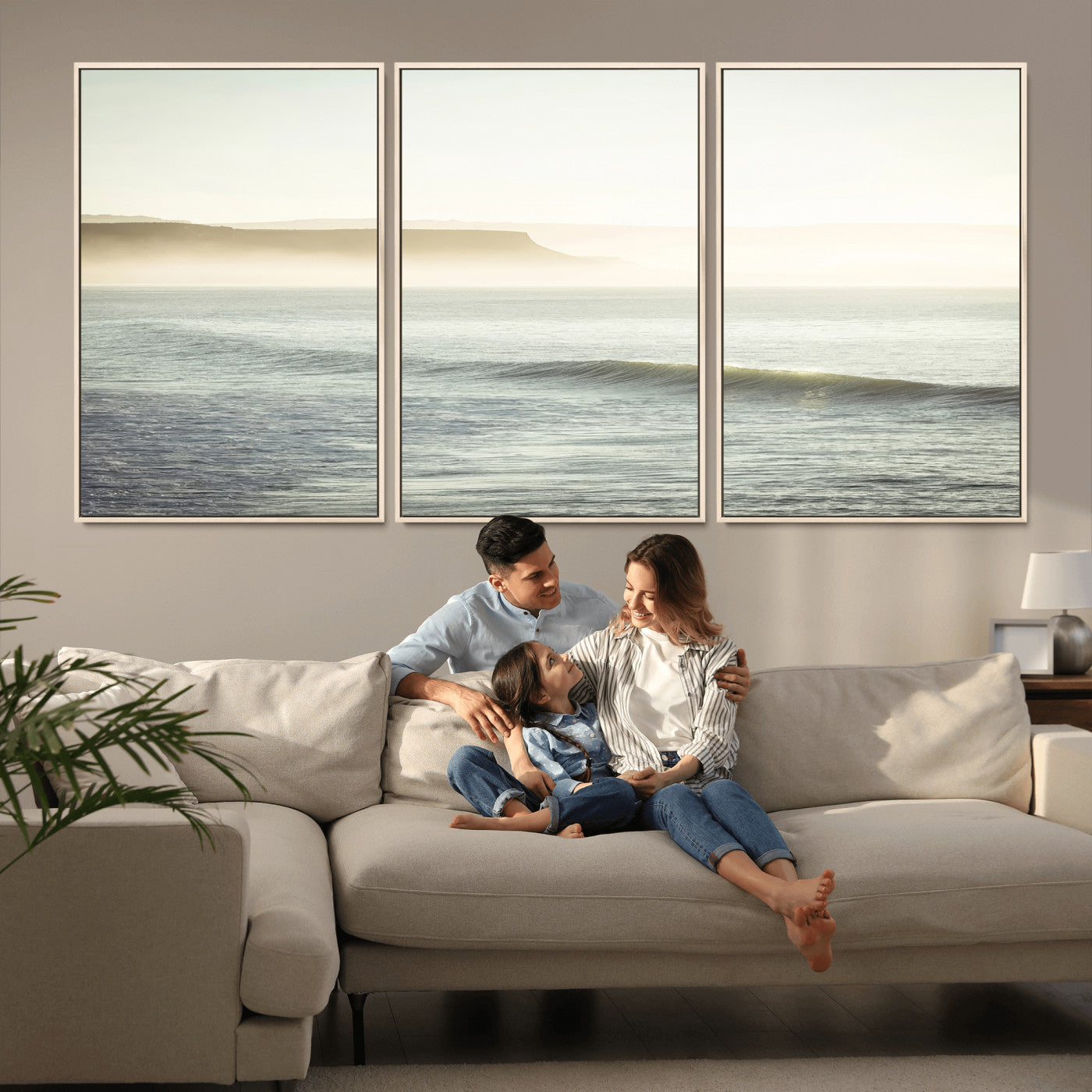 Canvas of a misty ocean scene with coastal cliffs and soft neutral tones, ideal for Scandinavian coastal or minimalist nature-inspired home decor.