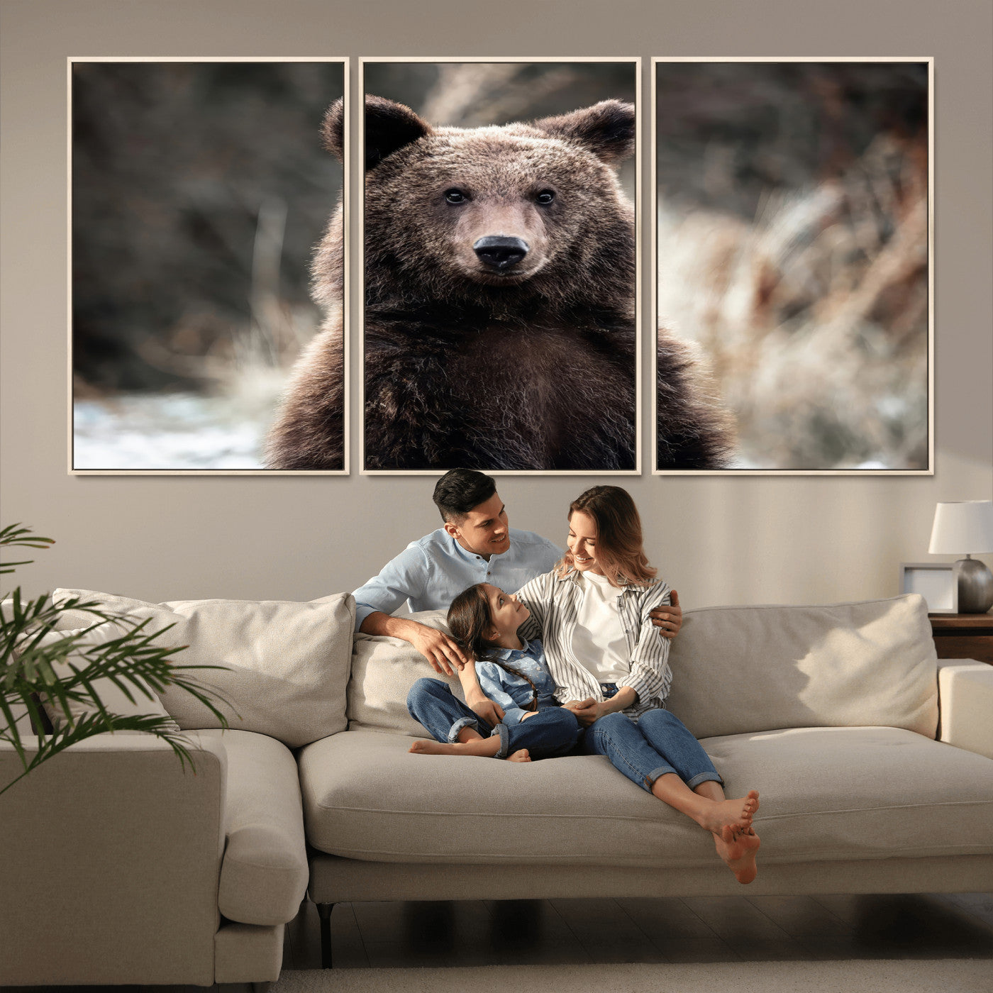 Canvas of a brown bear in soft earthy tones and moody forest light, ideal for rustic cabin or woodland nature-themed home decor.