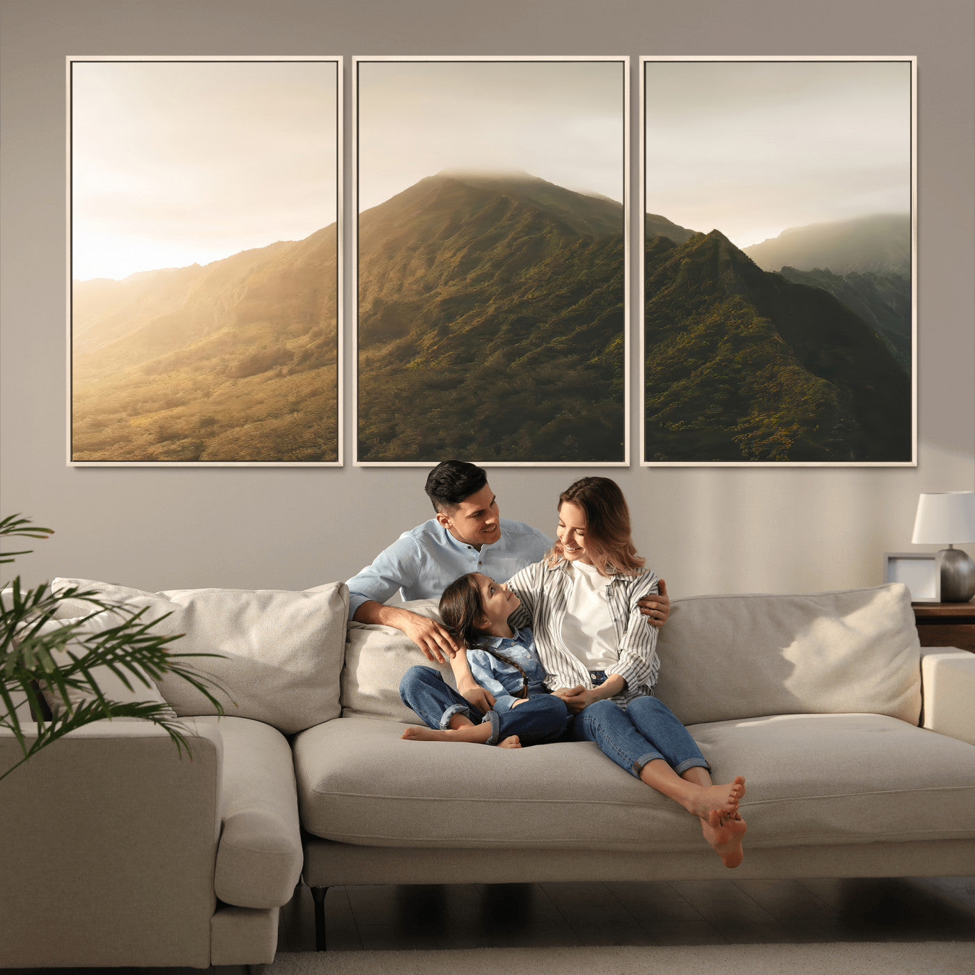 Sunlit mountain peak with mist rolling over its rugged slopes, bathed in golden light, creating a warm and tranquil nature-inspired scene.