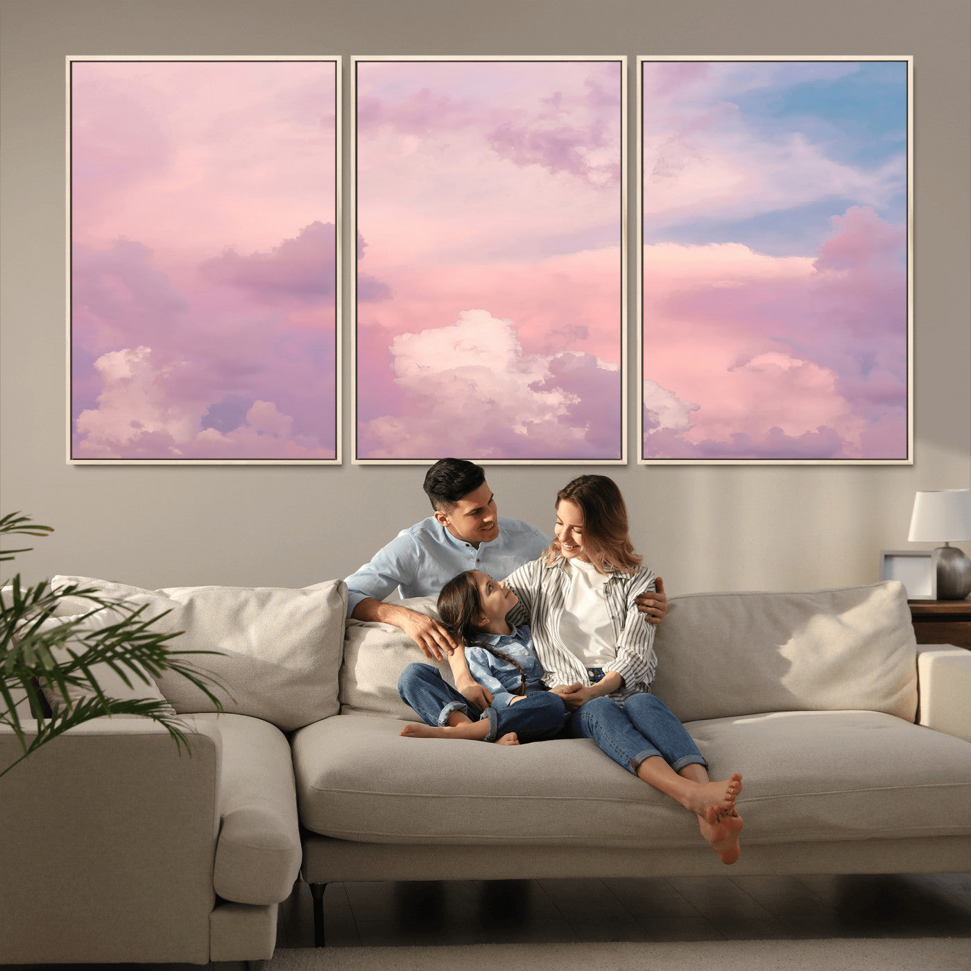 Soft pastel-colored clouds in shades of pink, purple, and blue, creating a dreamy and serene sky perfect for a calming decor touch.