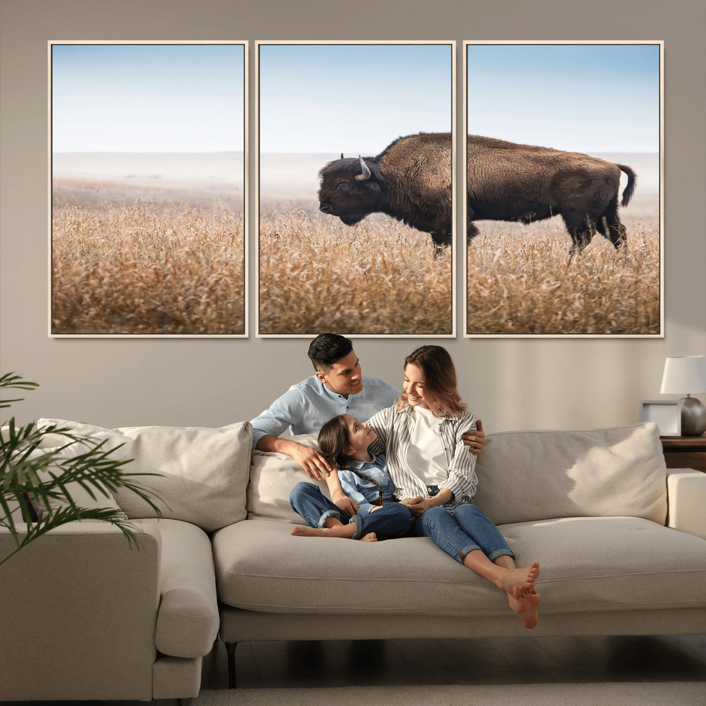 A majestic bison standing in an open prairie field, its strong form blending into the golden grass under a vast blue sky, evoking the wild spirit of the American plains.