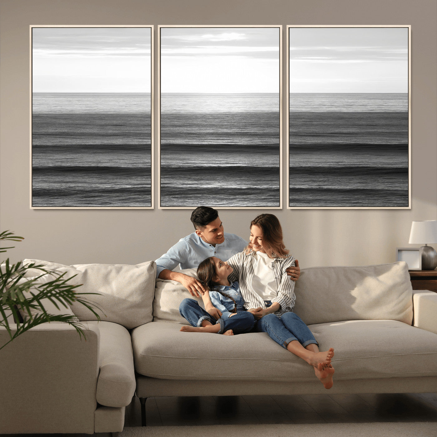 Minimalist black and white ocean view with layered waves reflecting sunlight, evoking a sense of calm and coastal serenity.