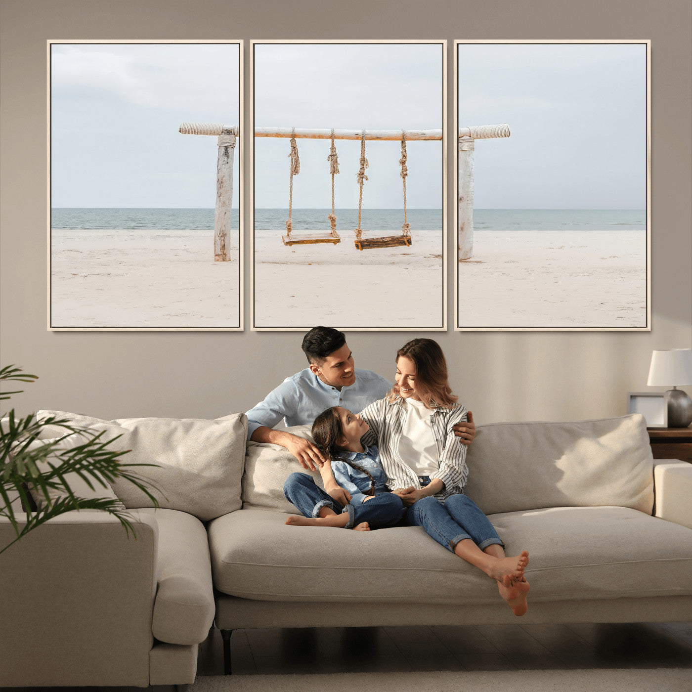 A rustic wooden beach swing stands on a serene sandy shore with an ocean horizon in the background, creating a tranquil and dreamy coastal escape.