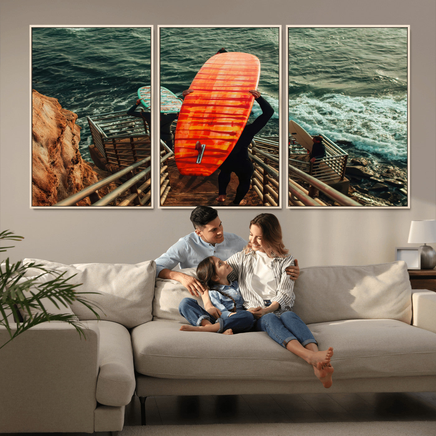 A surfer carrying a bold orange surfboard down a rugged staircase toward the ocean, bathed in golden hour light, capturing the energy of coastal adventure.