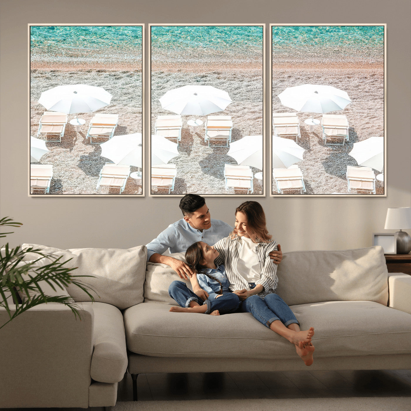 A bright beach scene with white umbrellas, pastel sand, and turquoise waters, creating a tranquil coastal vibe, perfect for beach house or summer decor.