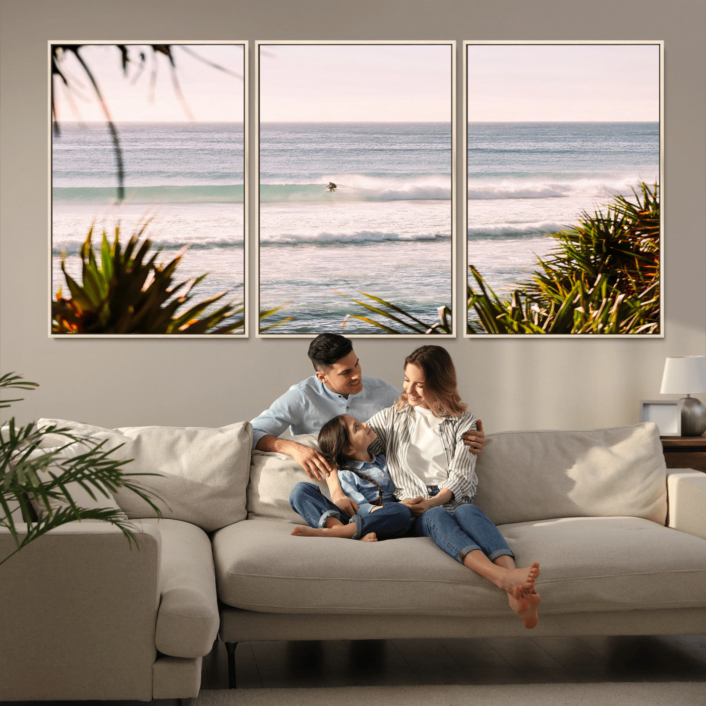 Canvas of a lone surfer riding a pastel wave at sunrise, perfect for tropical or coastal-themed spaces with a relaxed, airy vibe.