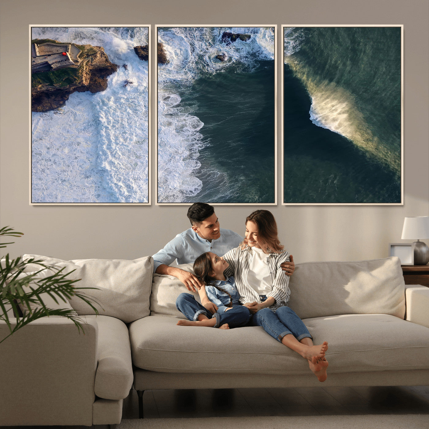 Canvas showing an aerial view of crashing waves along the Nazaré coastline, perfect for dramatic coastal or ocean-themed home decor.