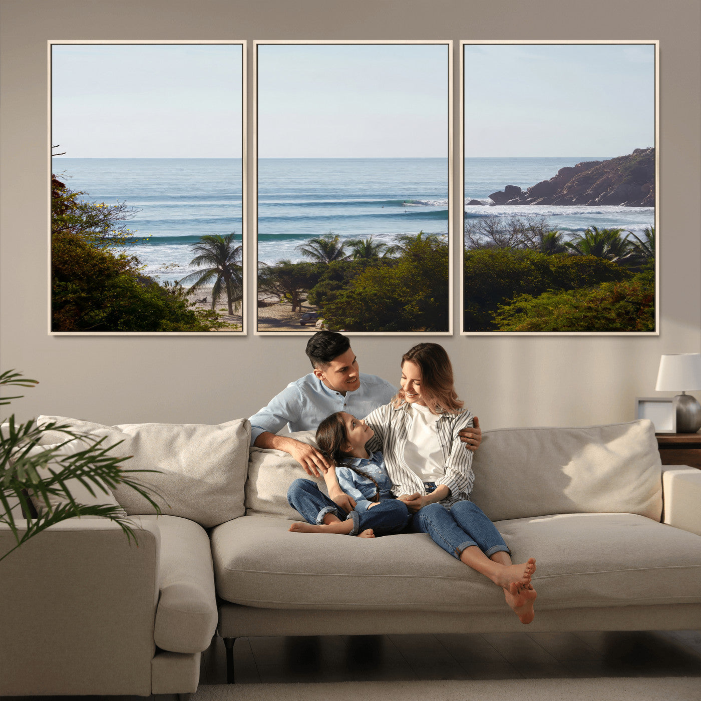 View of calm ocean waves with palm trees and a tropical coastline, ideal for coastal boho or beach-themed wall decor.
