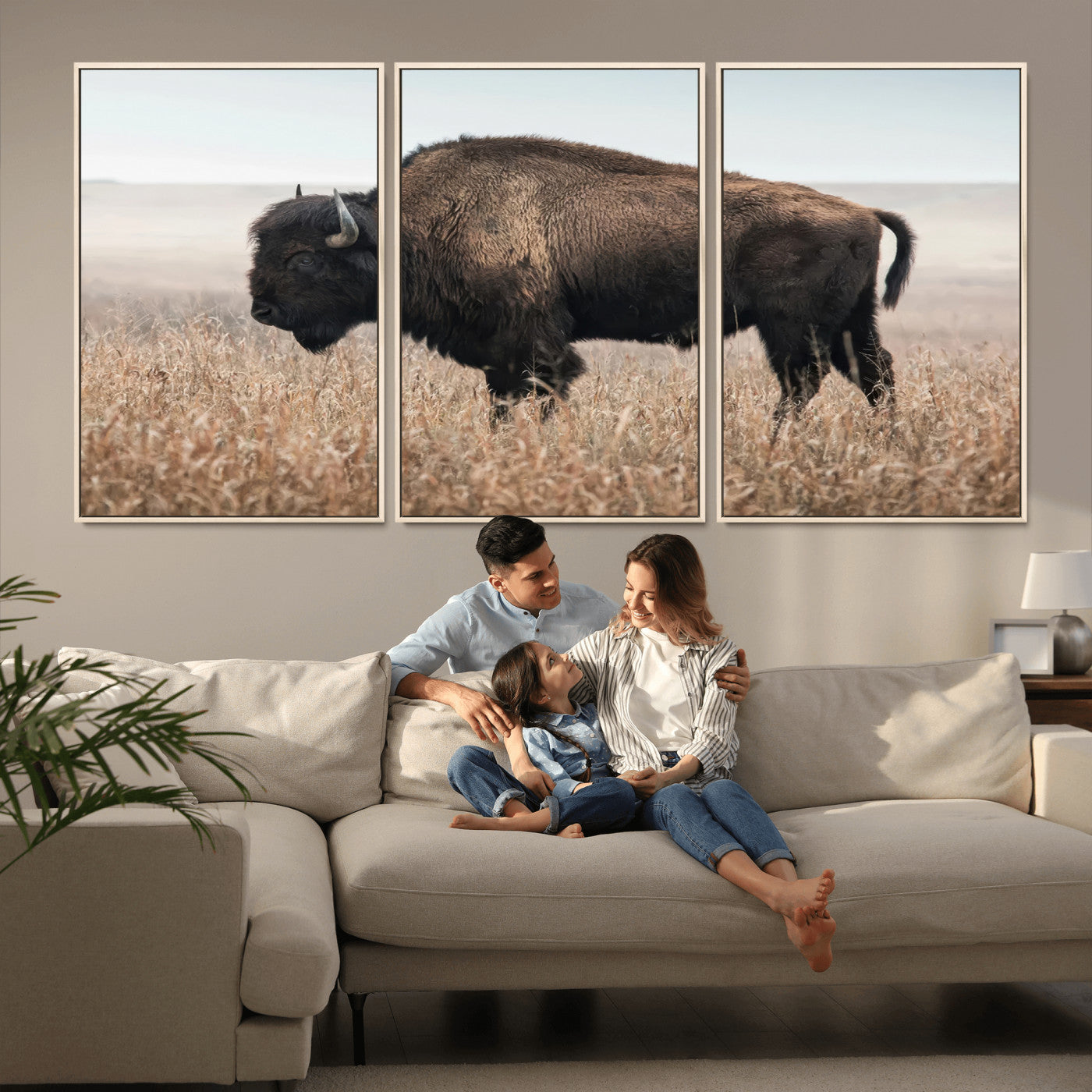 A lone bison stands in a vast prairie under a soft sky, evoking freedom and rustic charm for western or farmhouse inspired interiors.