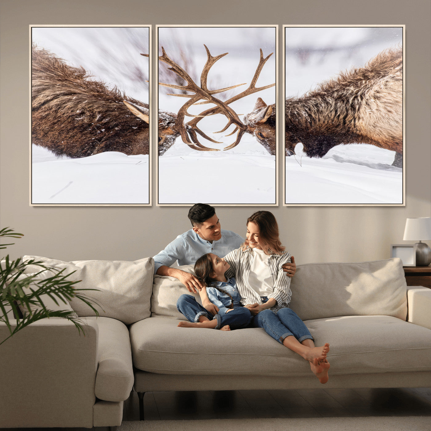 Two elk clashing antlers in a snowy forest, capturing raw power and wild energy, ideal for rustic cabin or lodge-style decor.
