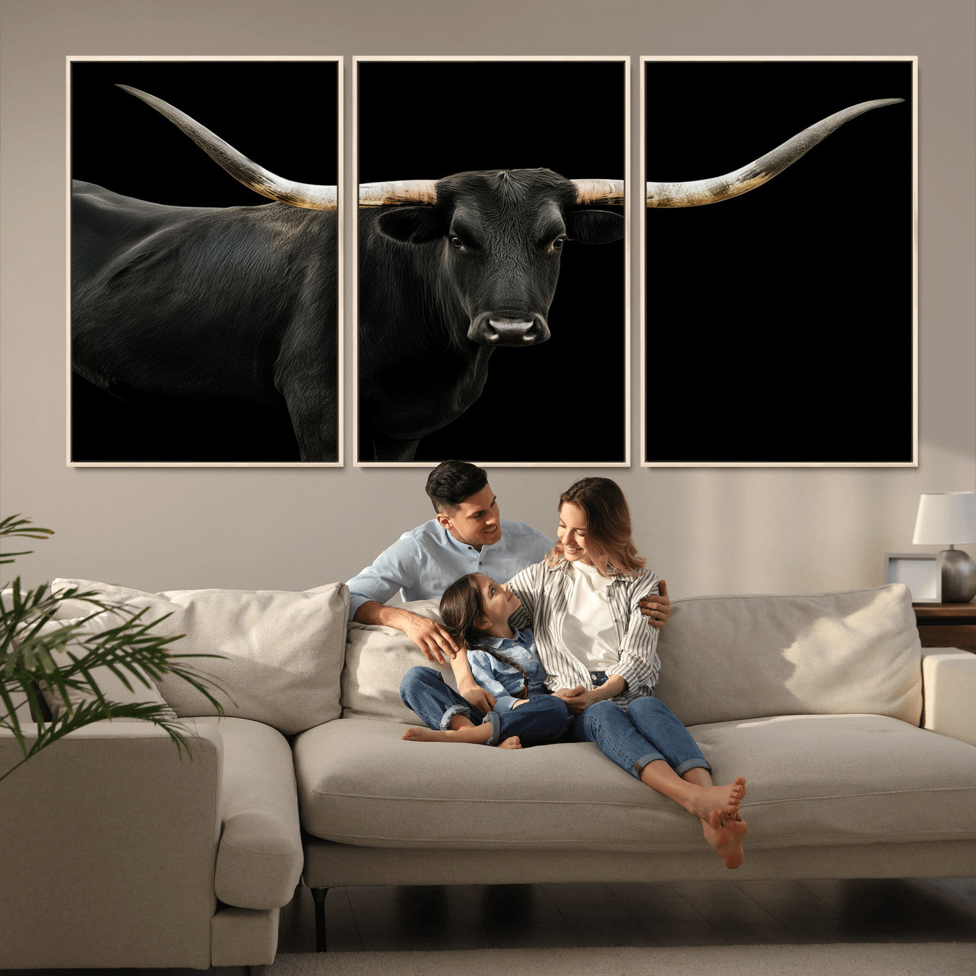 Close-up of a black Texas longhorn with large curved horns on black background, ideal for rustic farmhouse or modern western interiors.