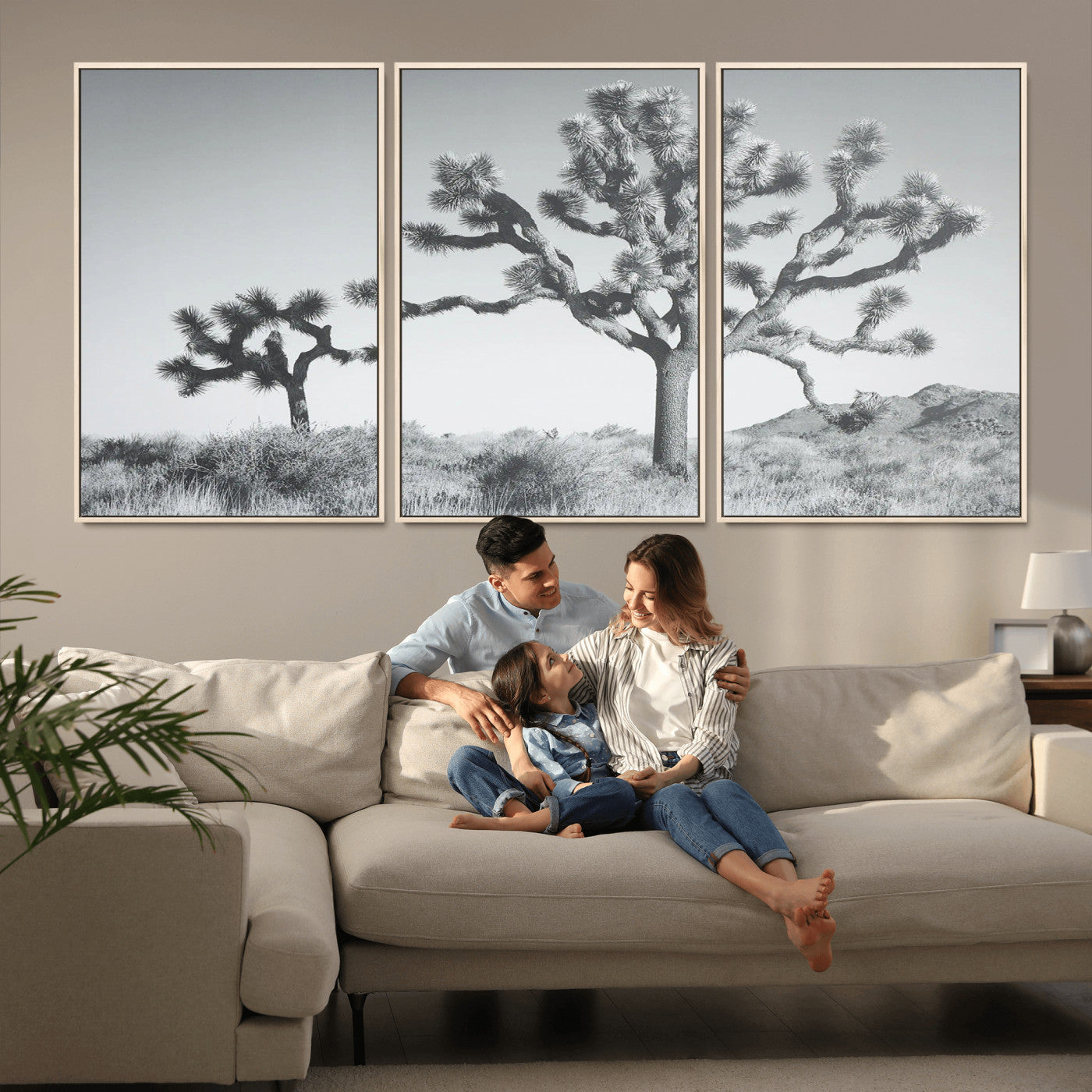 Black and white Joshua tree in a desert landscape with soft light and dry brush, perfect for rustic or minimalist home decor.