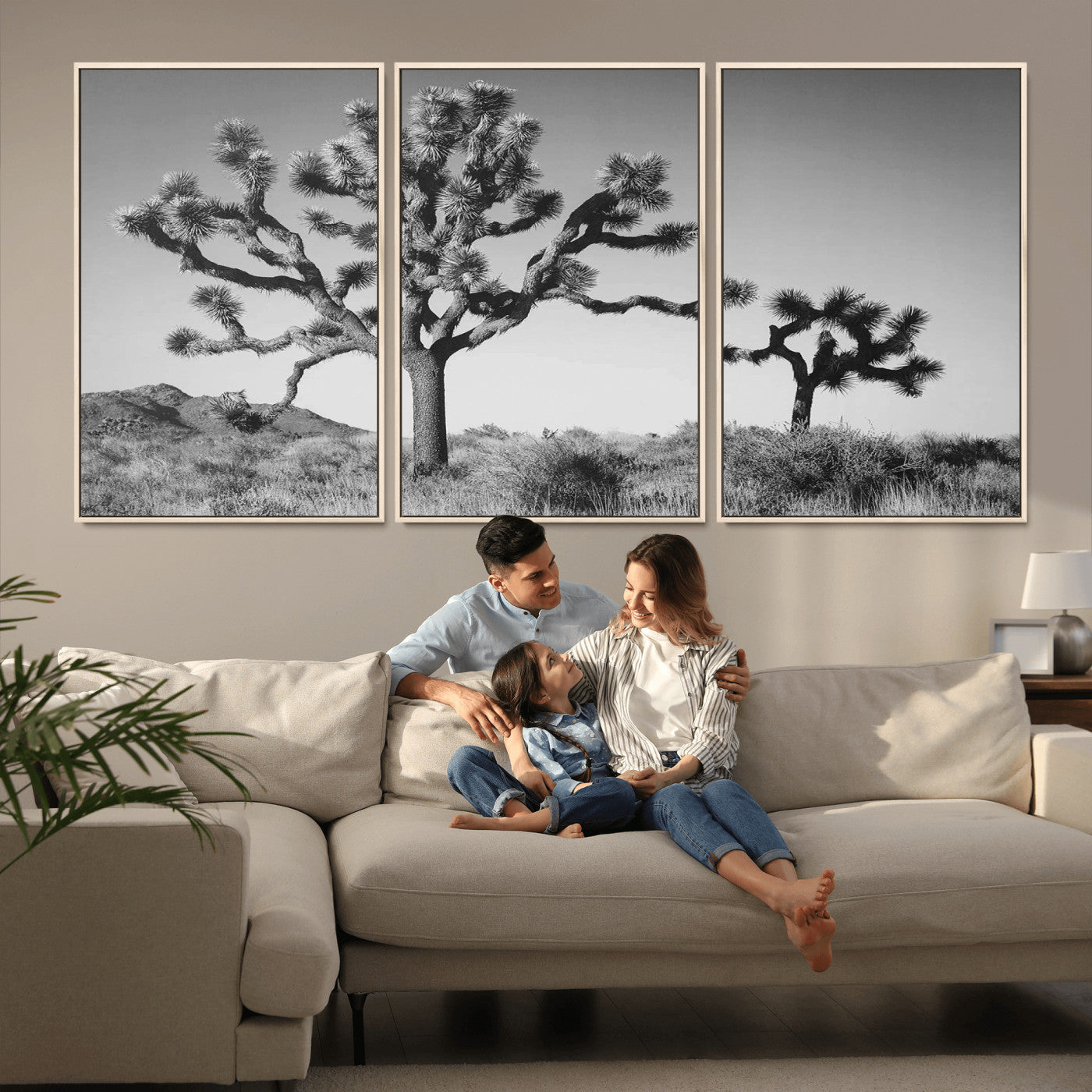 Black and white Joshua trees in a rugged desert landscape, creating a calm and minimalist feel for natural or rustic-themed interiors.