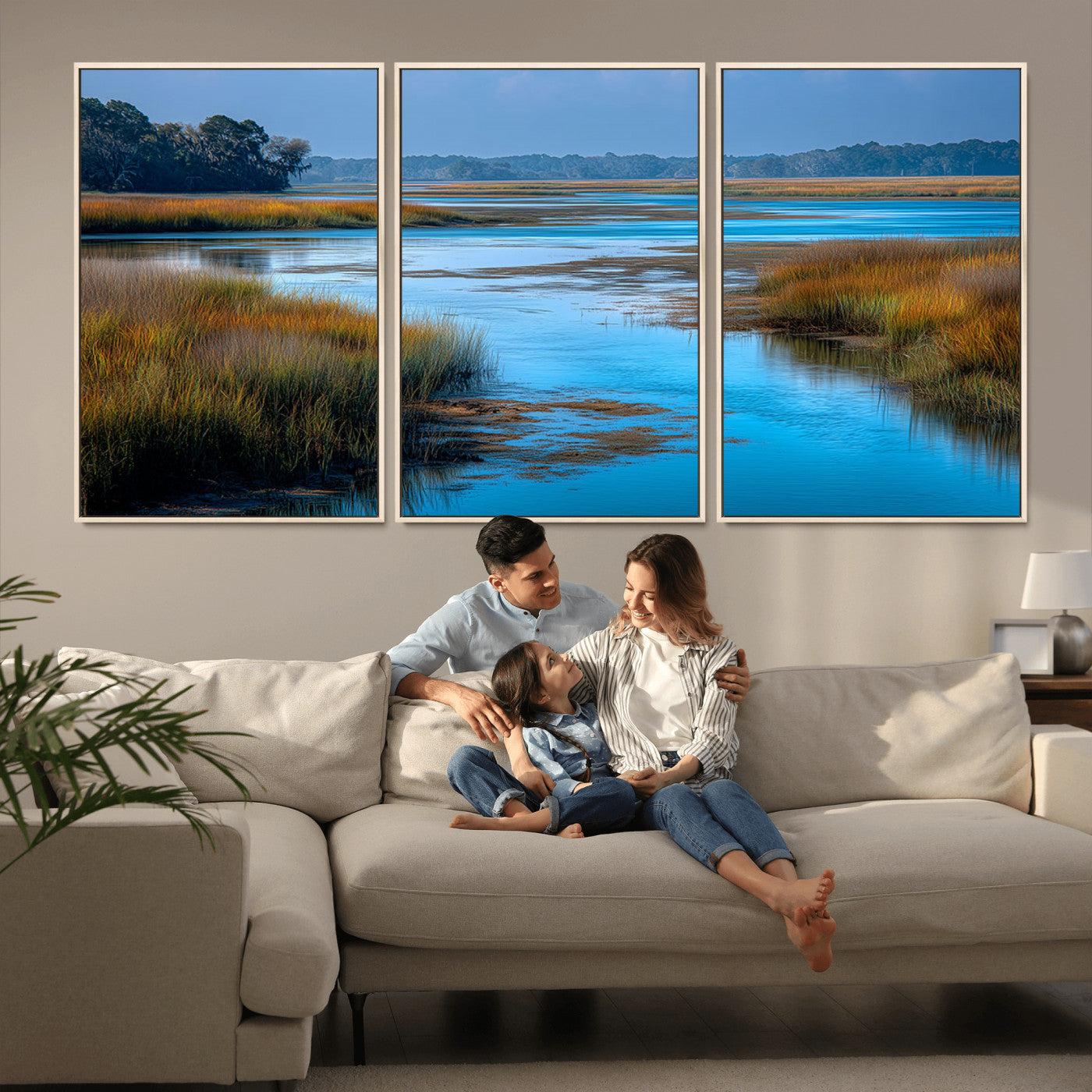 A peaceful marshland scene with calm blue water reflecting the surrounding grasses and trees, capturing the beauty of nature in a serene landscape.