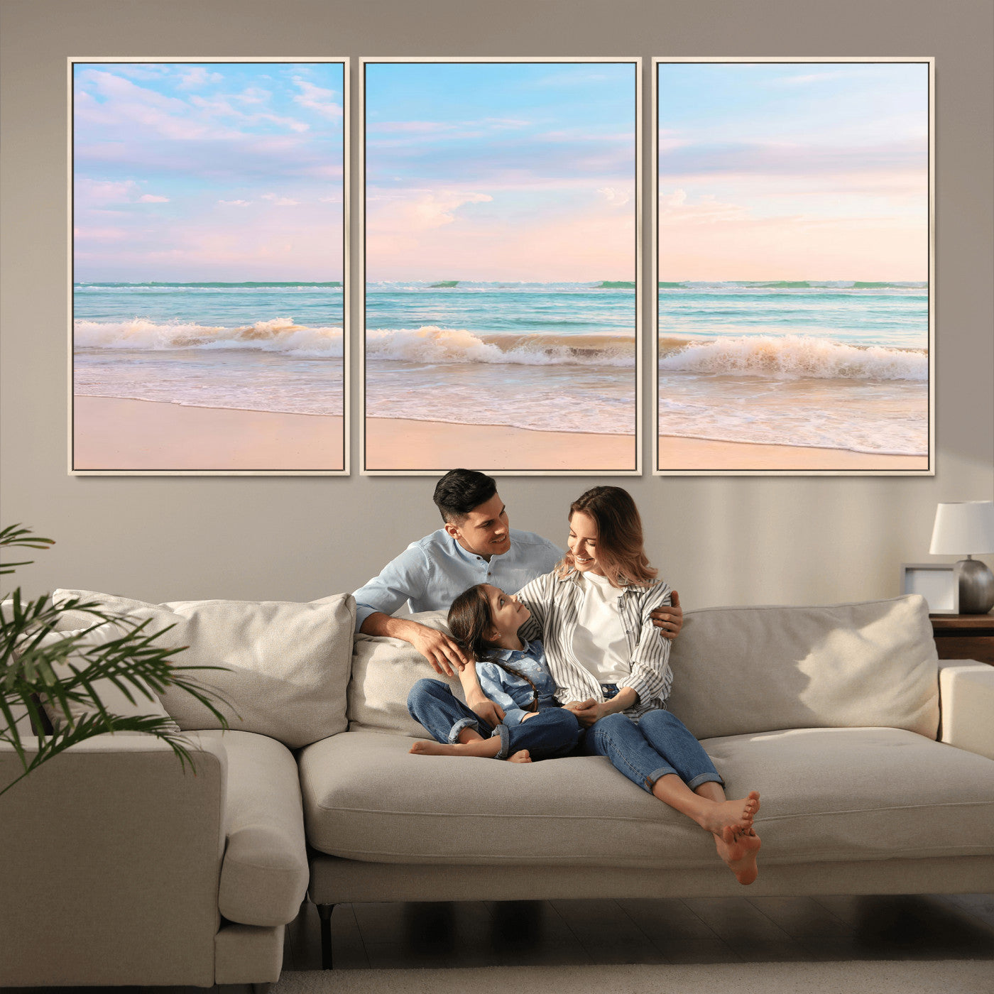 A peaceful beach scene with soft pastel skies, gentle waves washing up on the sandy shore, creating a calm and serene ocean view.