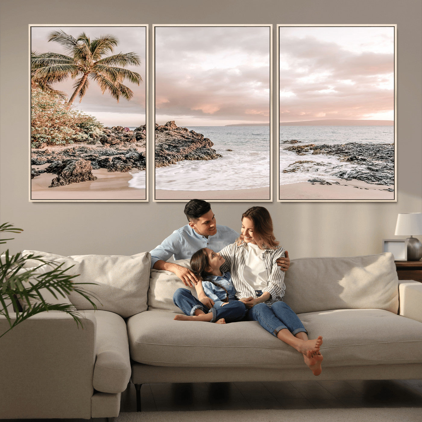 A peaceful beach scene with a palm tree and rocks, soft waves washing onto the shore under a soft pastel sky at sunset.