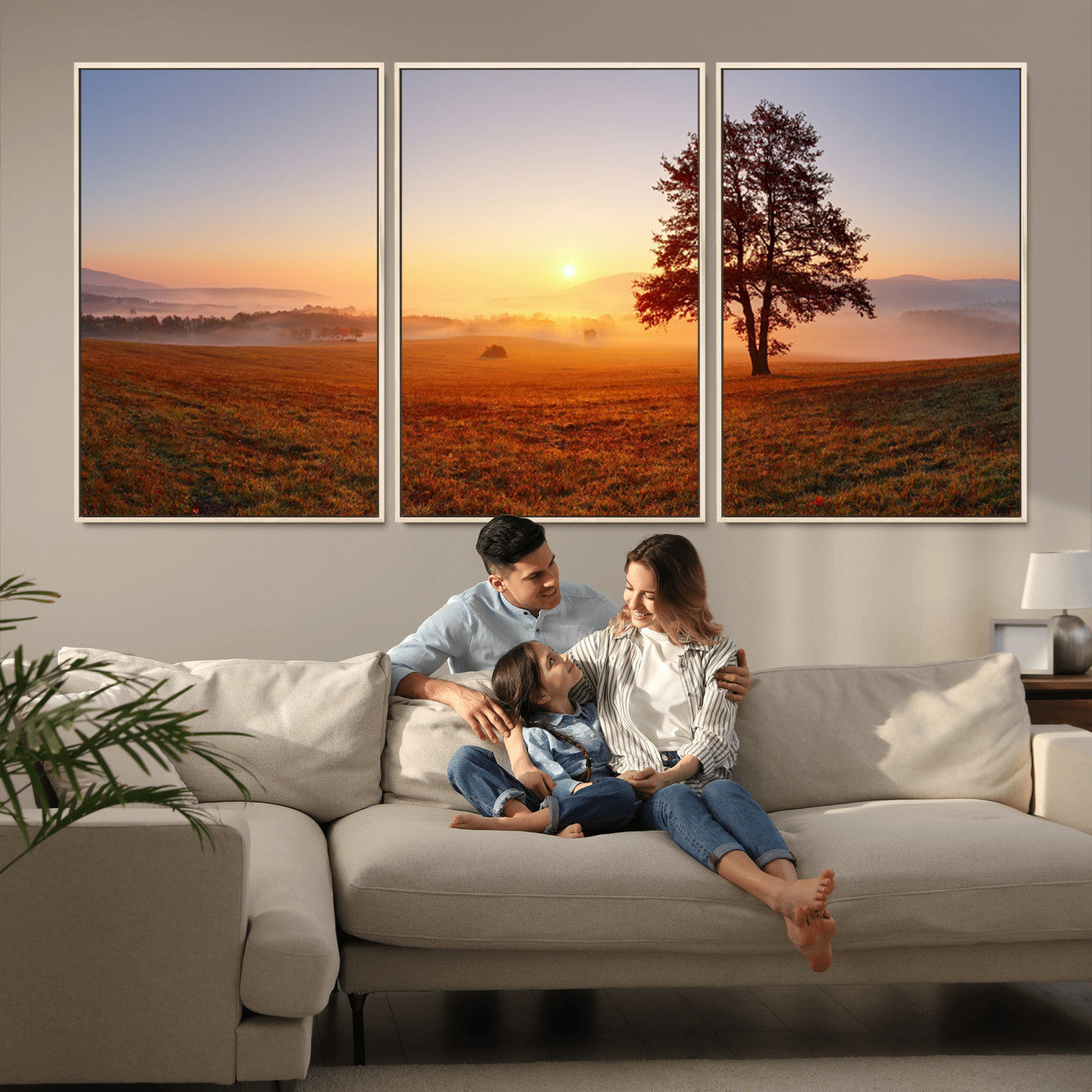 A tranquil landscape at sunrise with a mist-covered field and a lone tree, creating a peaceful and natural atmosphere.