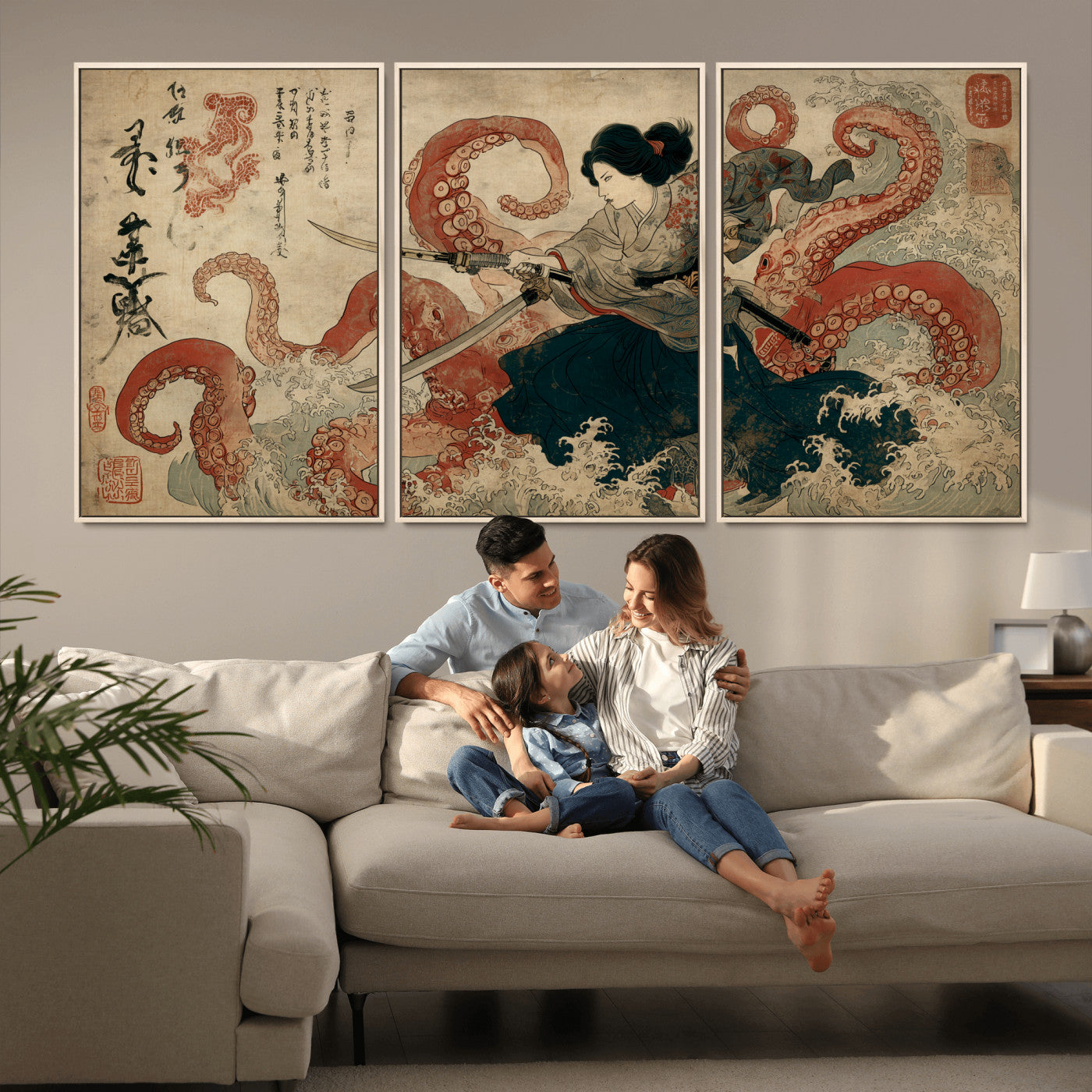 Tsukioka Yoshitoshi Samurai Wall Art Print, Japanese Katana Warrior Canvas Wall Art, Octopus Sea Monster Canvas Print,