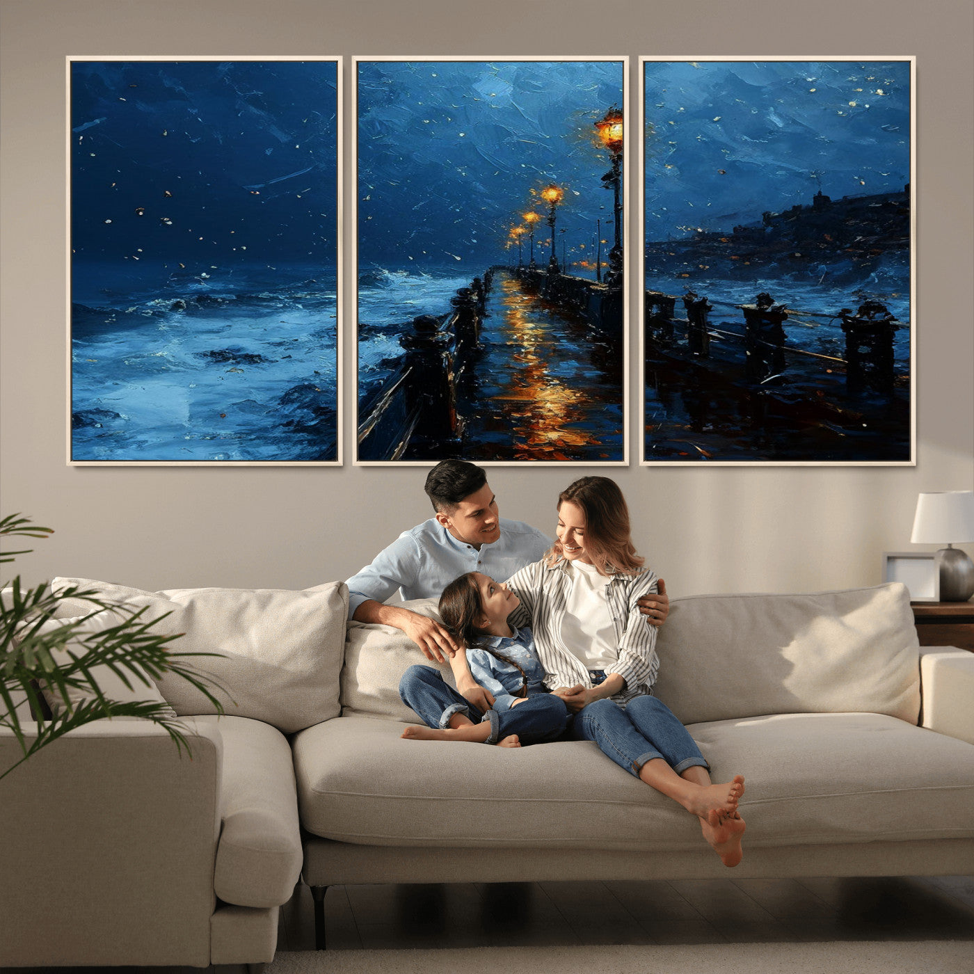 "Impressionistic painting of a rainy pier at night with glowing street lamps reflecting on the wet surface, ocean waves crashing under a dark blue sky."