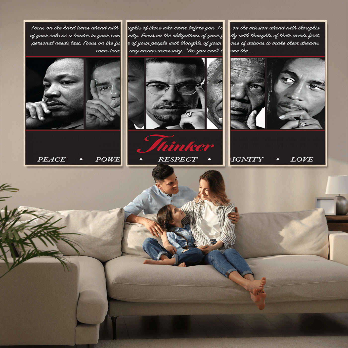 Monochrome canvas of iconic Black leaders with a powerful quote, perfect for modern spaces with a cultural or motivational theme.