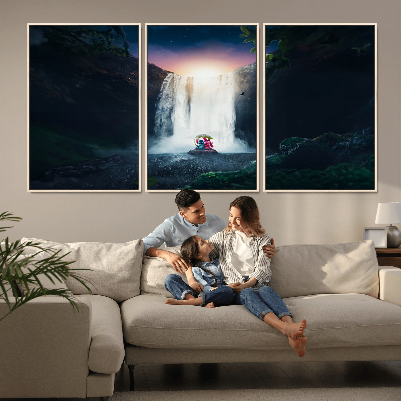 Romantic scene of Stitch and Angel sitting under a leaf in front of a glowing waterfall, ideal for tropical or fantasy-themed decor.