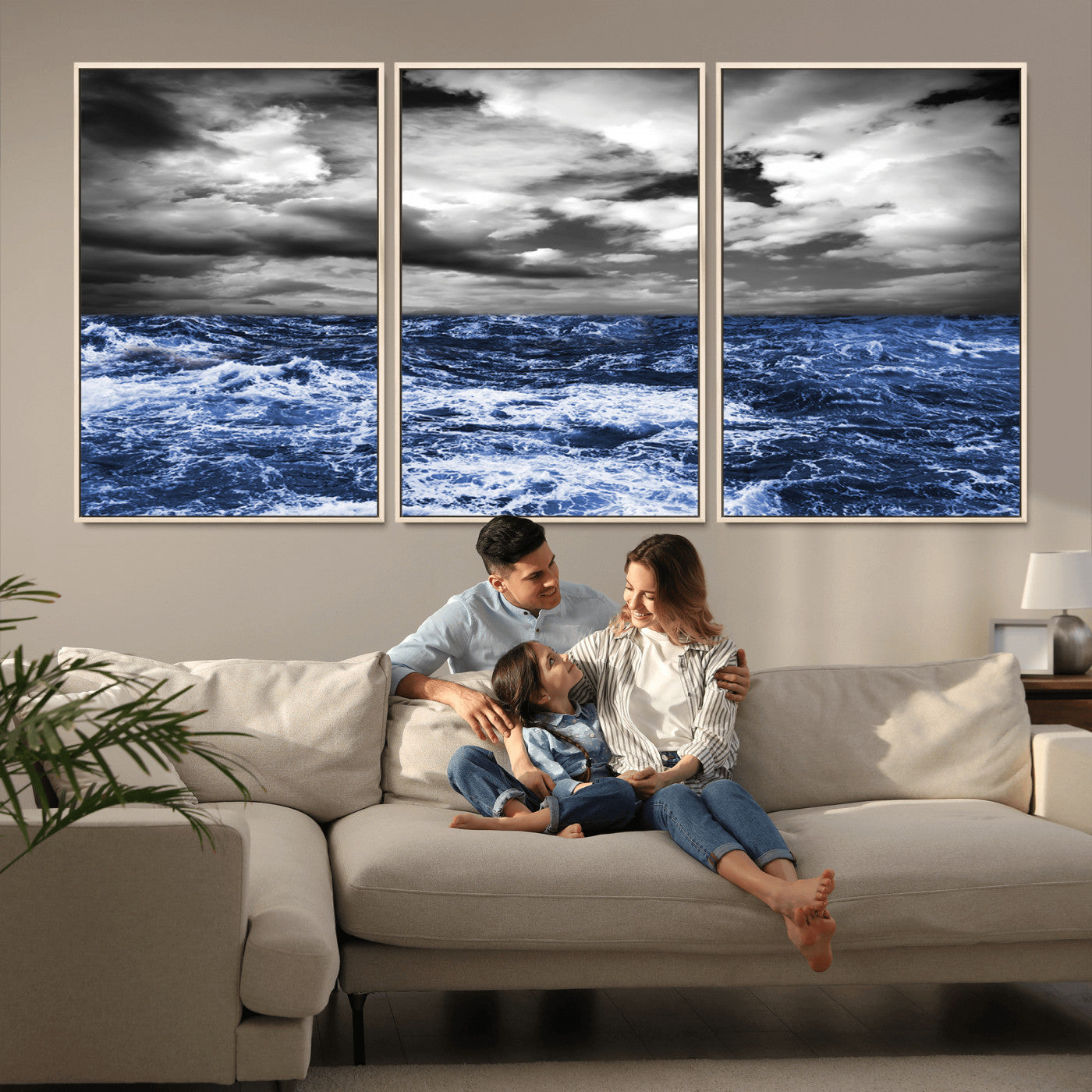 Moody canvas wall art of a stormy ocean under a dramatic black-and-white sky, perfect for bold or coastal-style interiors.