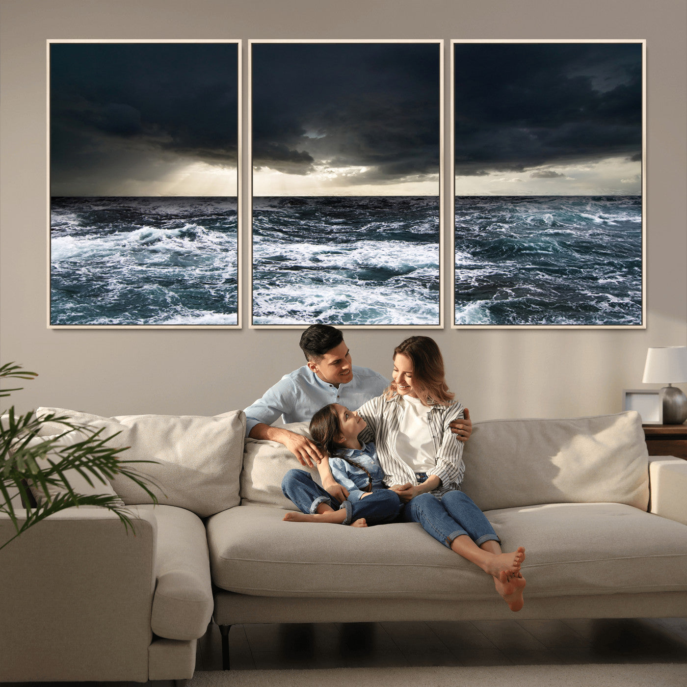 Moody ocean scene with stormy skies and crashing waves, perfect for dramatic or coastal-style home wall decor.