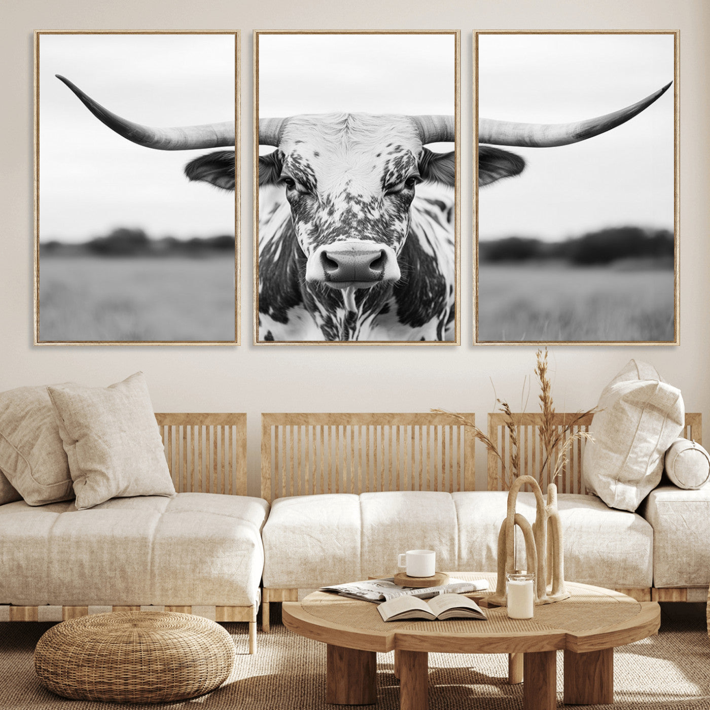 Capture the strength and elegance of nature with this striking black and white portrait of a longhorn cow. Its powerful presence makes a bold statement in any room.